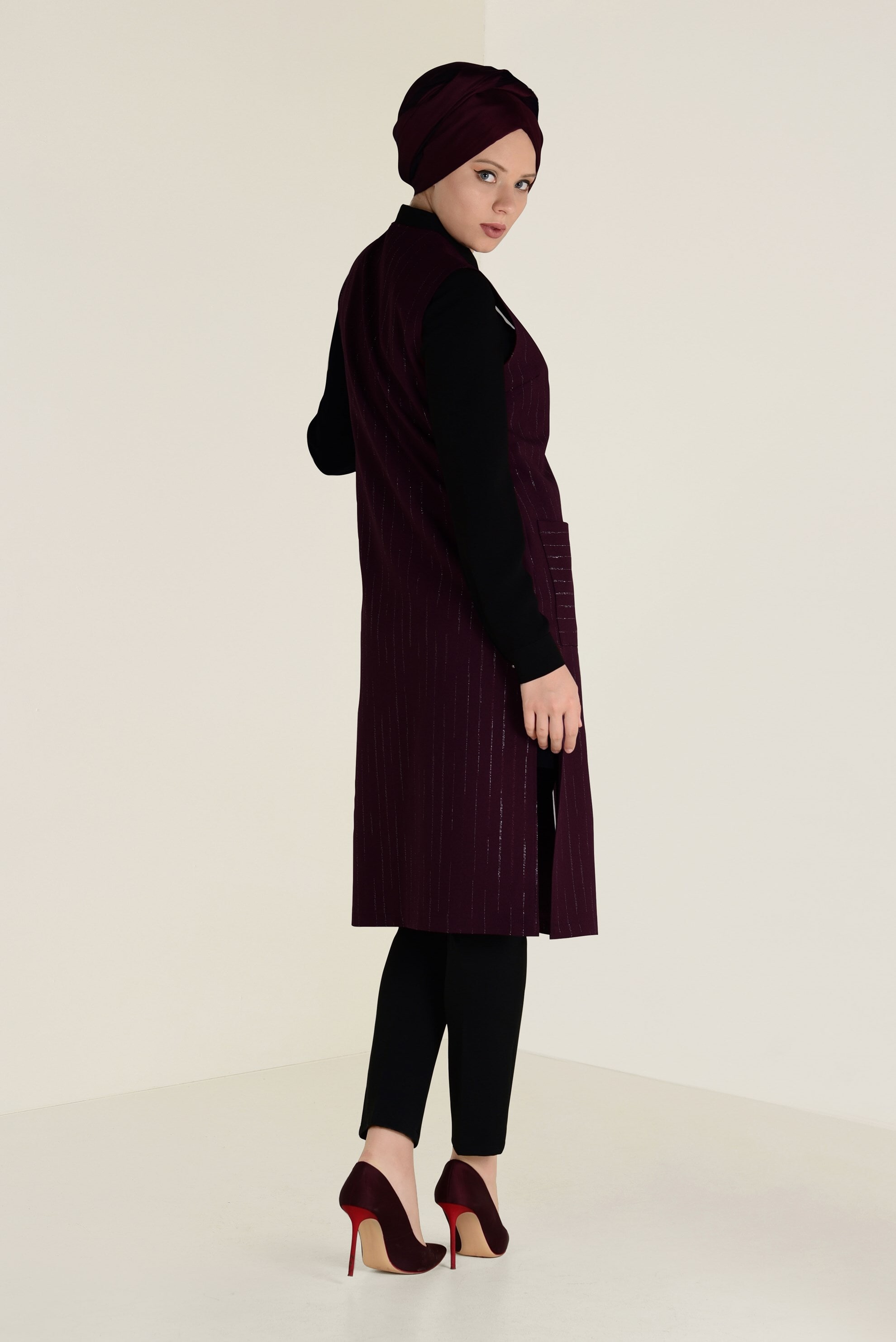 Tesettür giyim MÜRDÜM SİM ÇİZGİLİ KLASİK YELEK 4575