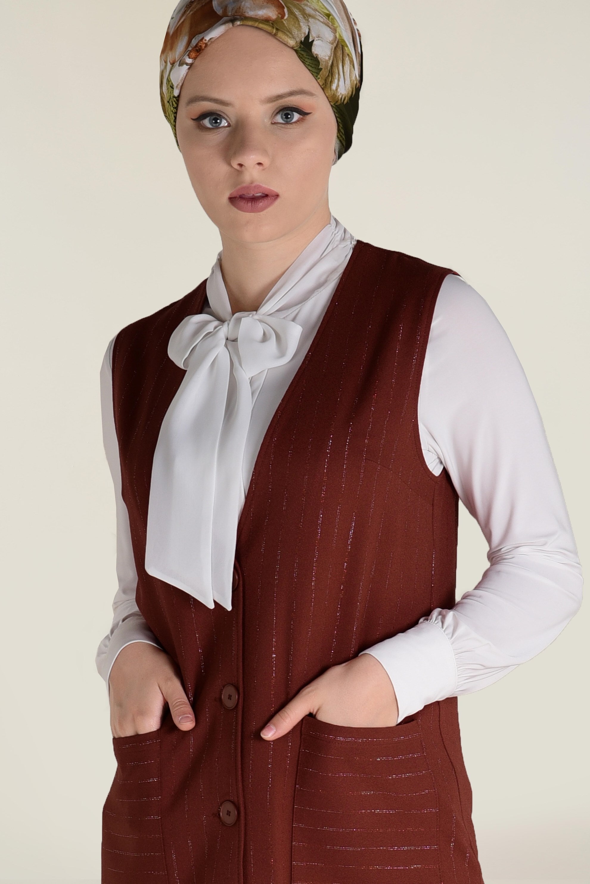 Tesettür giyim TABA SİM ÇİZGİLİ KLASİK YELEK 4575