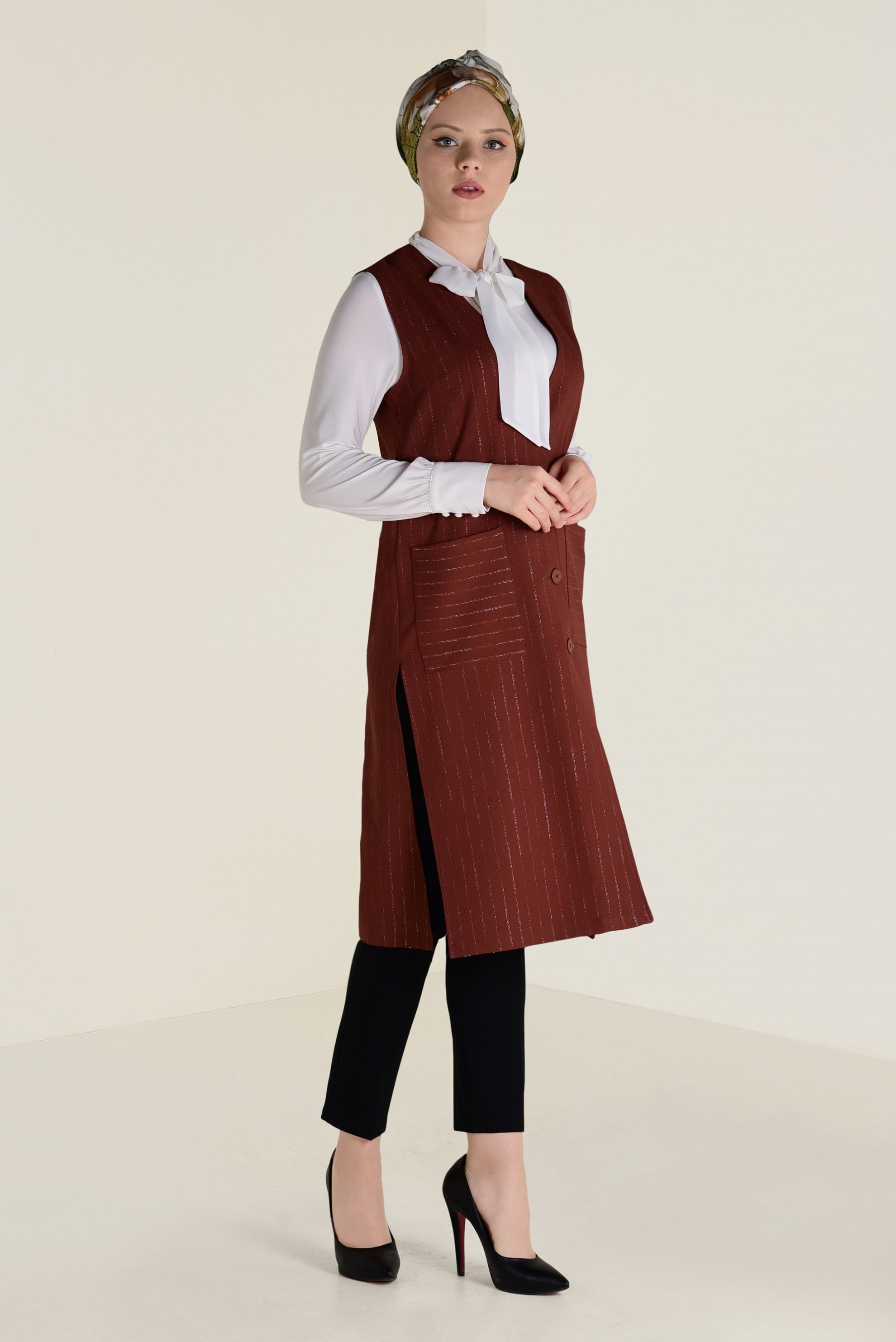 Tesettür giyim TABA SİM ÇİZGİLİ KLASİK YELEK 4575