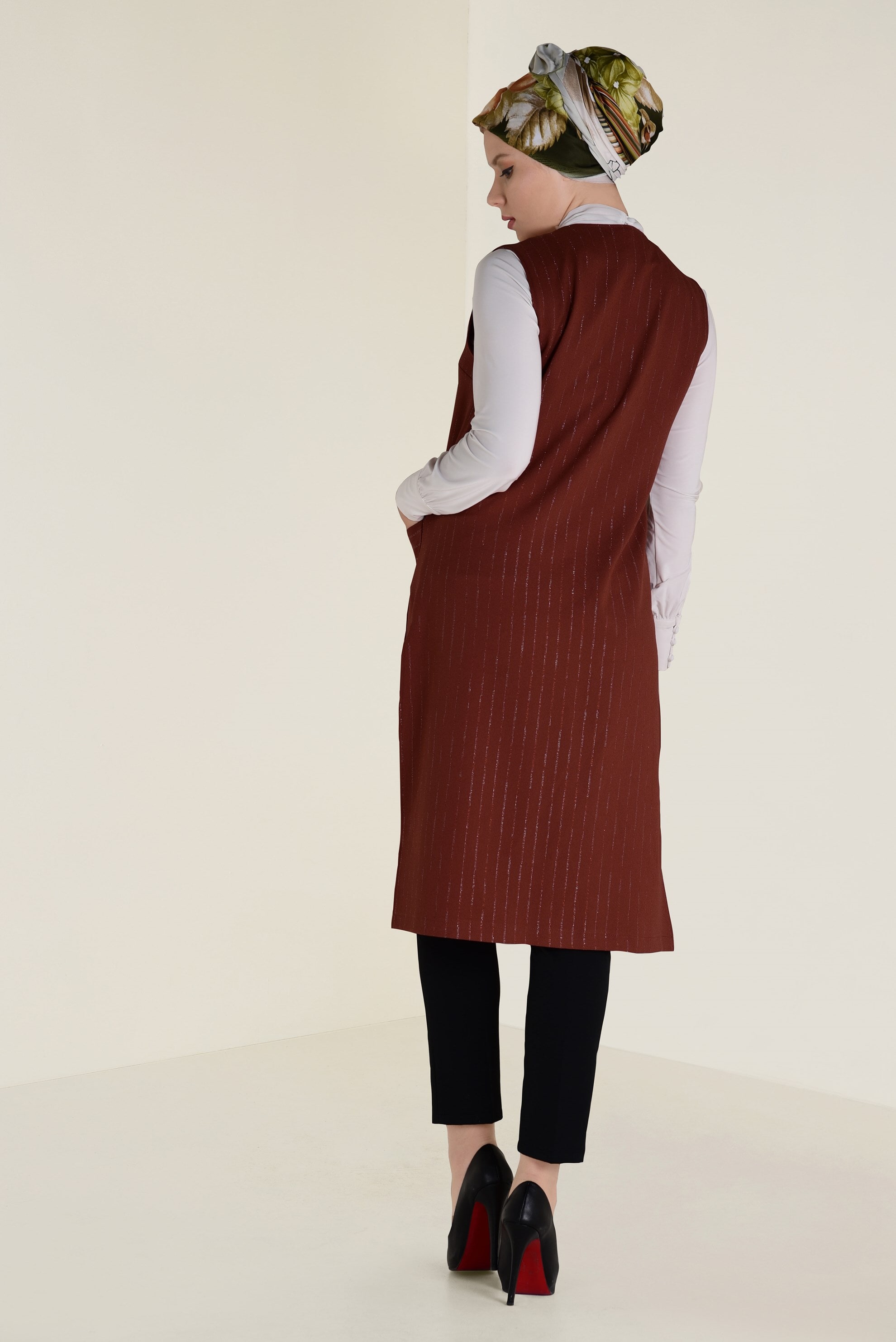 Tesettür giyim TABA SİM ÇİZGİLİ KLASİK YELEK 4575