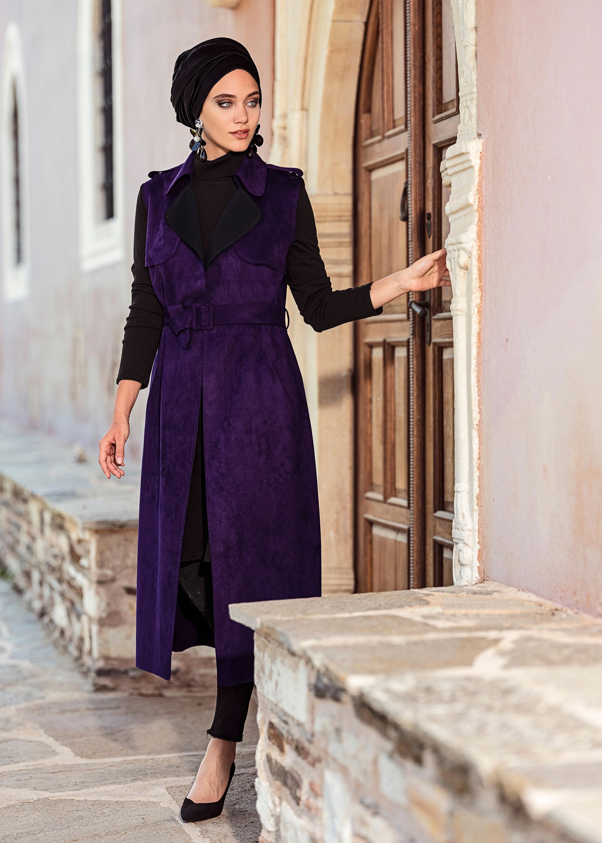 Tesettür giyim MOR KEMERLİ SÜET YELEK 4577