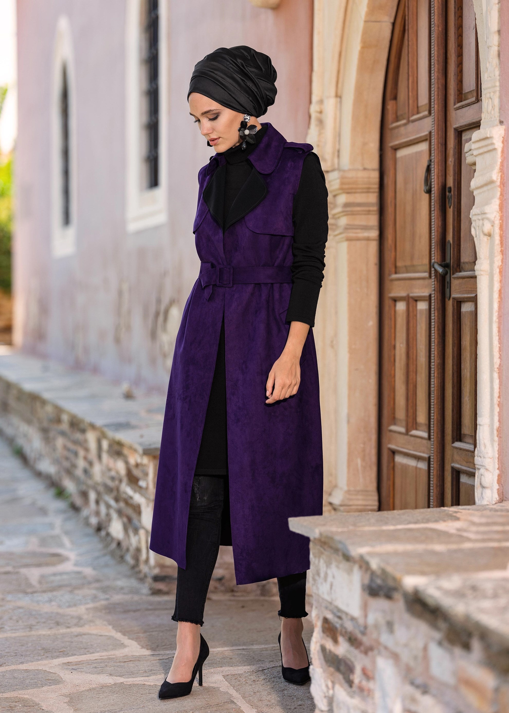 Tesettür giyim MOR KEMERLİ SÜET YELEK 4577