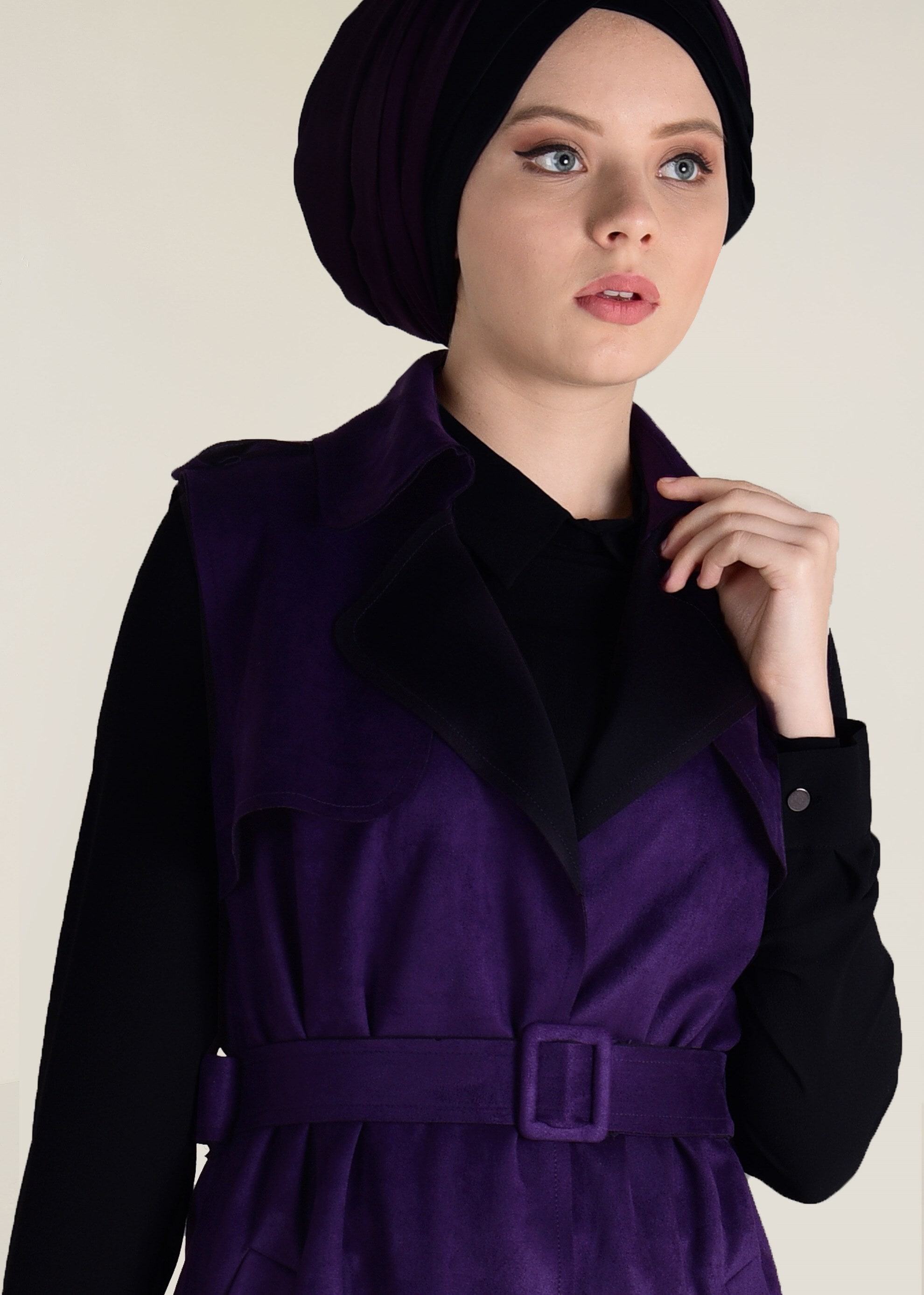 Tesettür giyim MOR KEMERLİ SÜET YELEK 4577