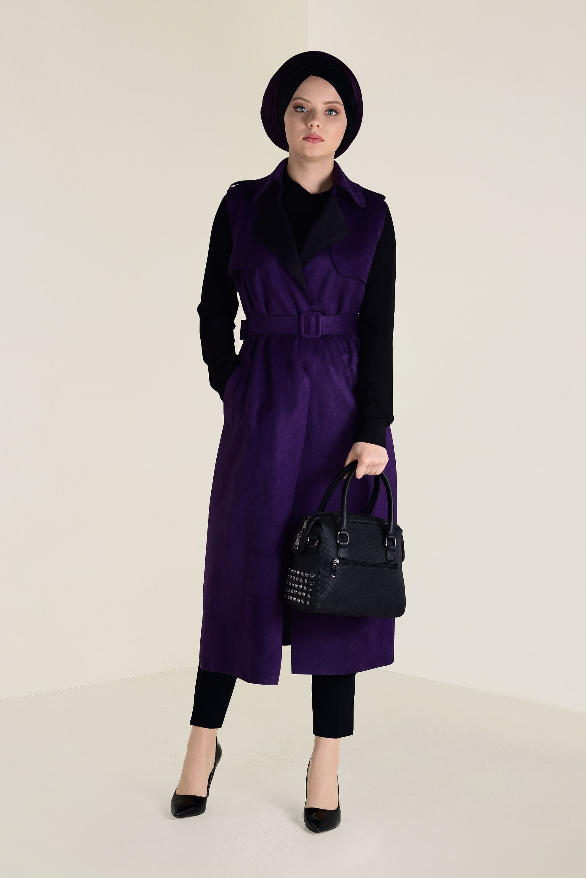Tesettür giyim MOR KEMERLİ SÜET YELEK 4577