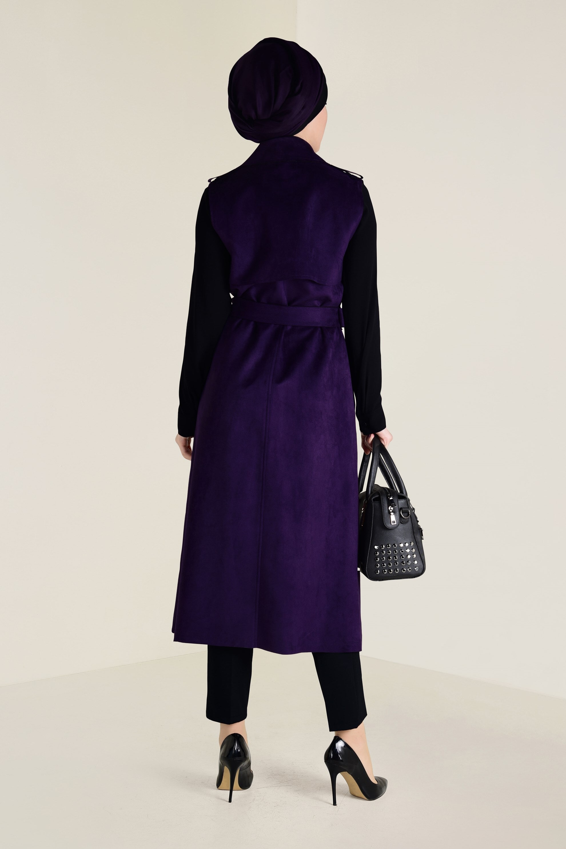 Tesettür giyim MOR KEMERLİ SÜET YELEK 4577