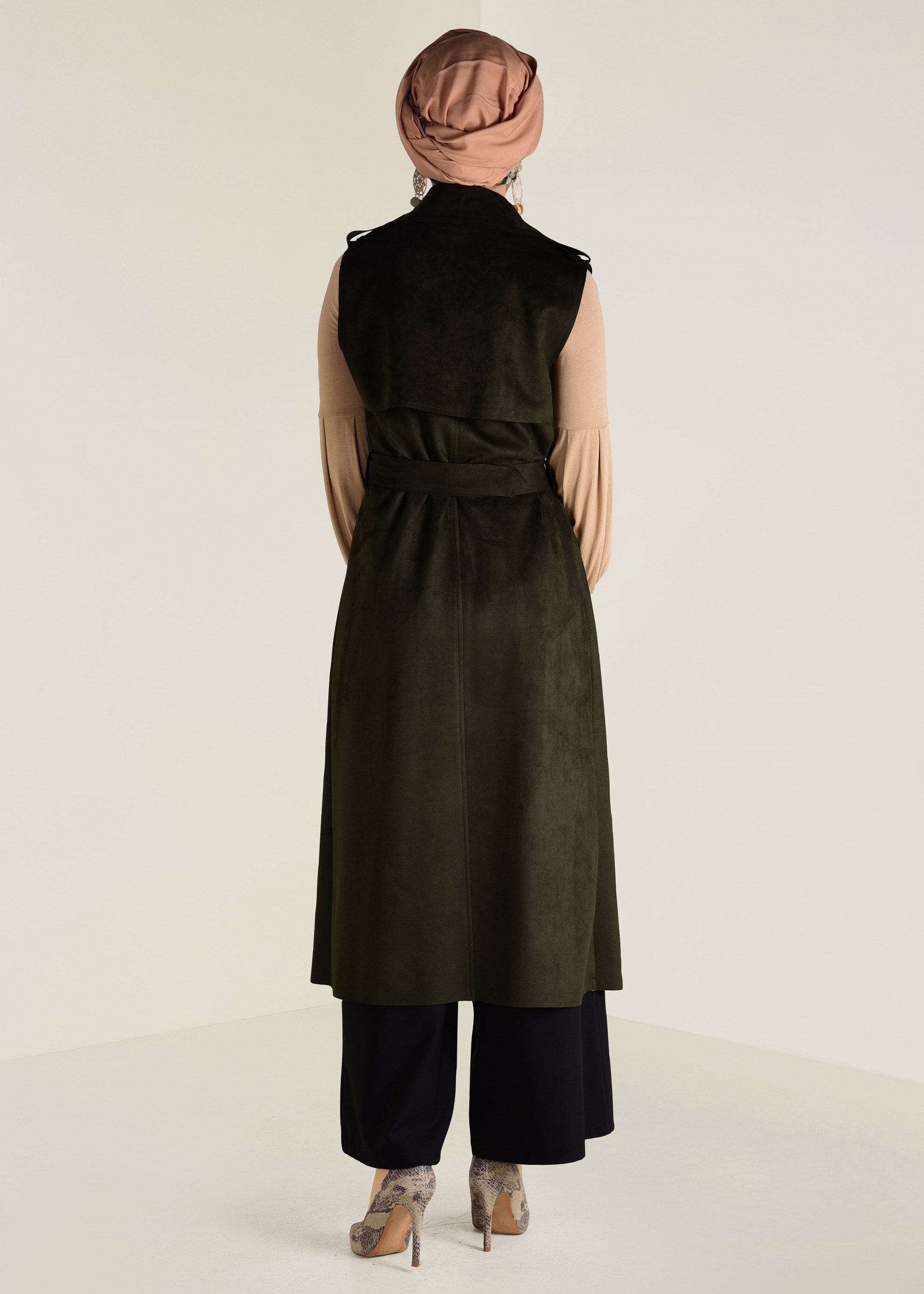 Tesettür giyim HAKİ KEMERLİ SÜET YELEK 4577