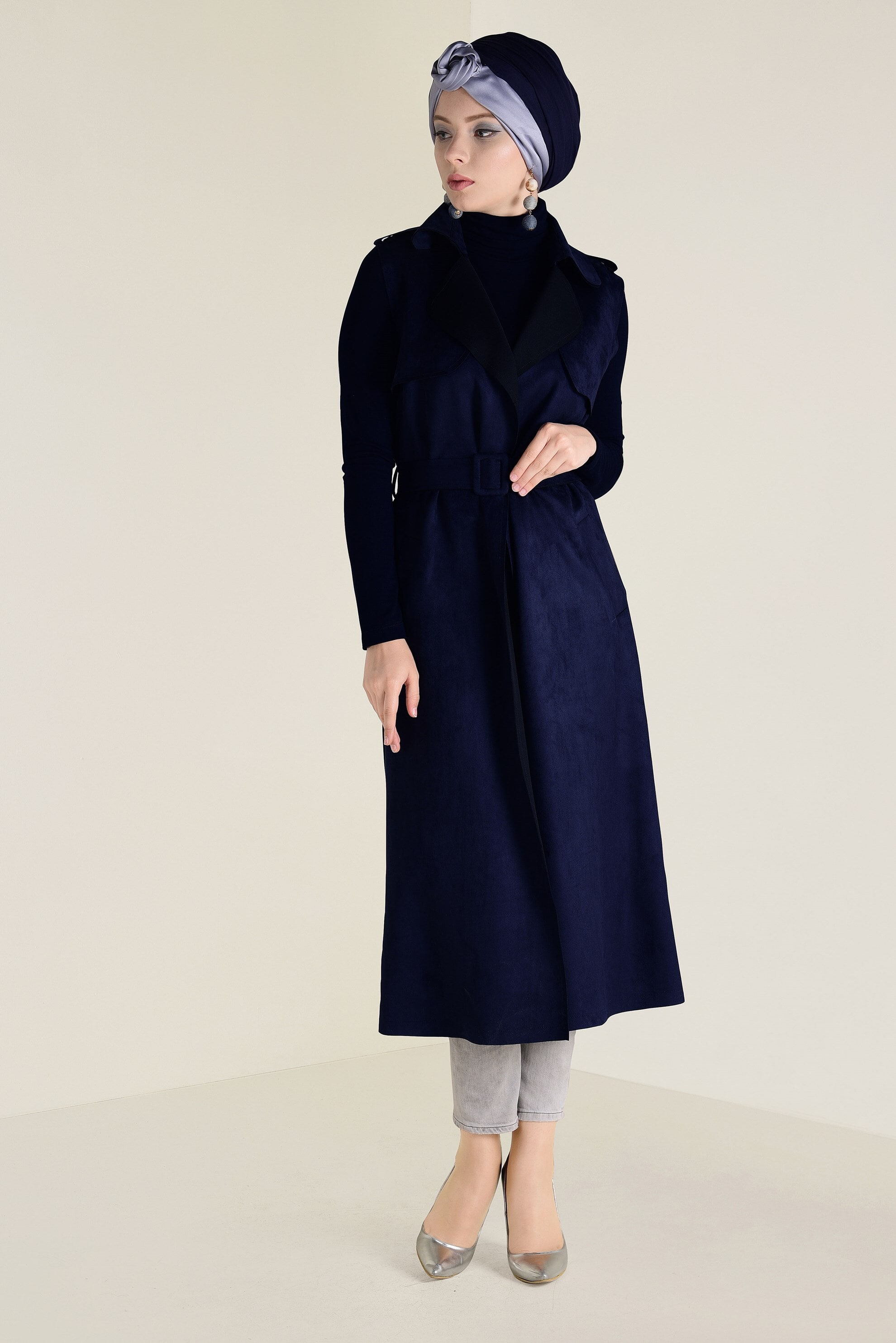 Tesettür giyim LACİVERT KEMERLİ SÜET YELEK 4577