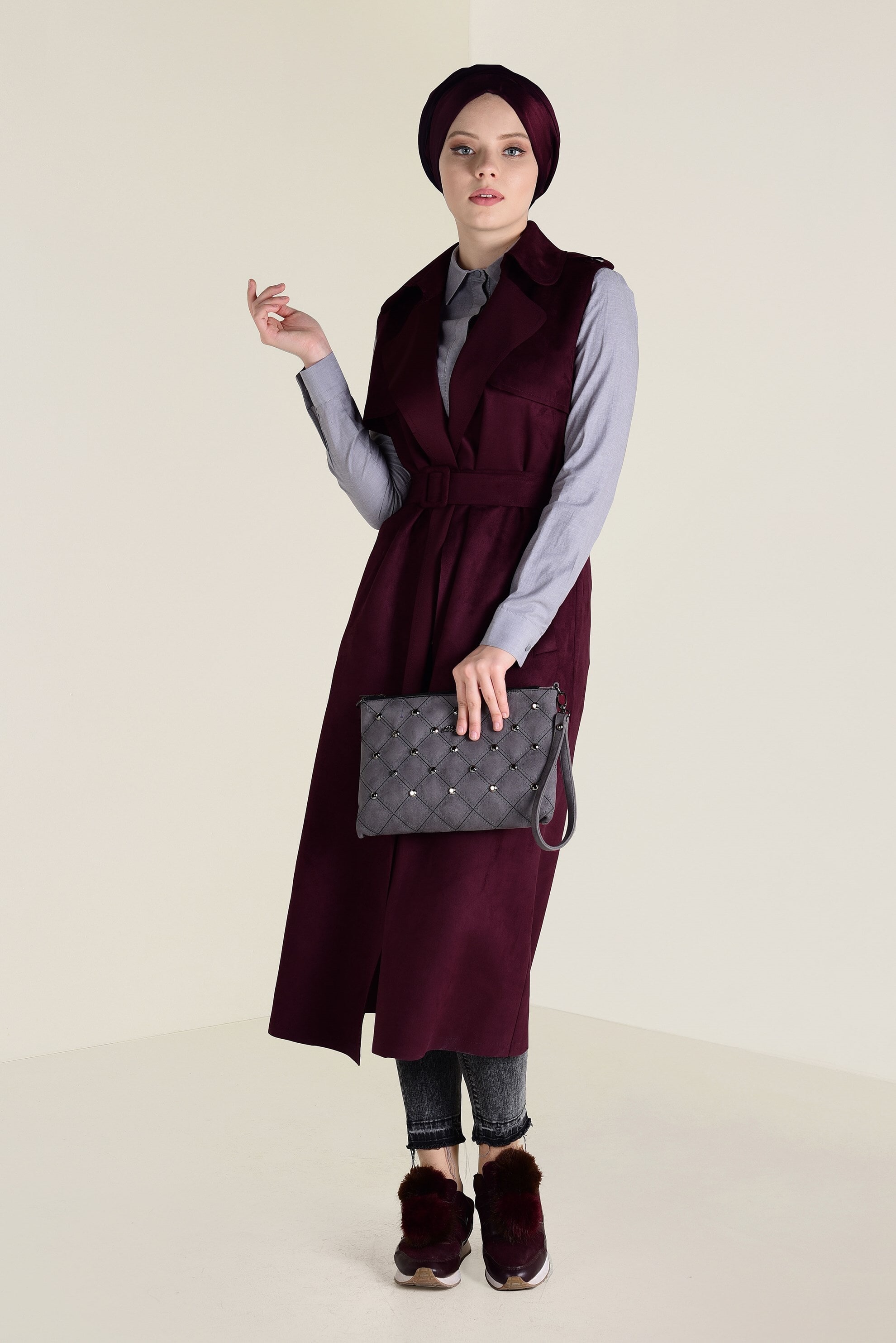 Tesettür giyim MÜRDÜM KEMERLİ SÜET YELEK 4577