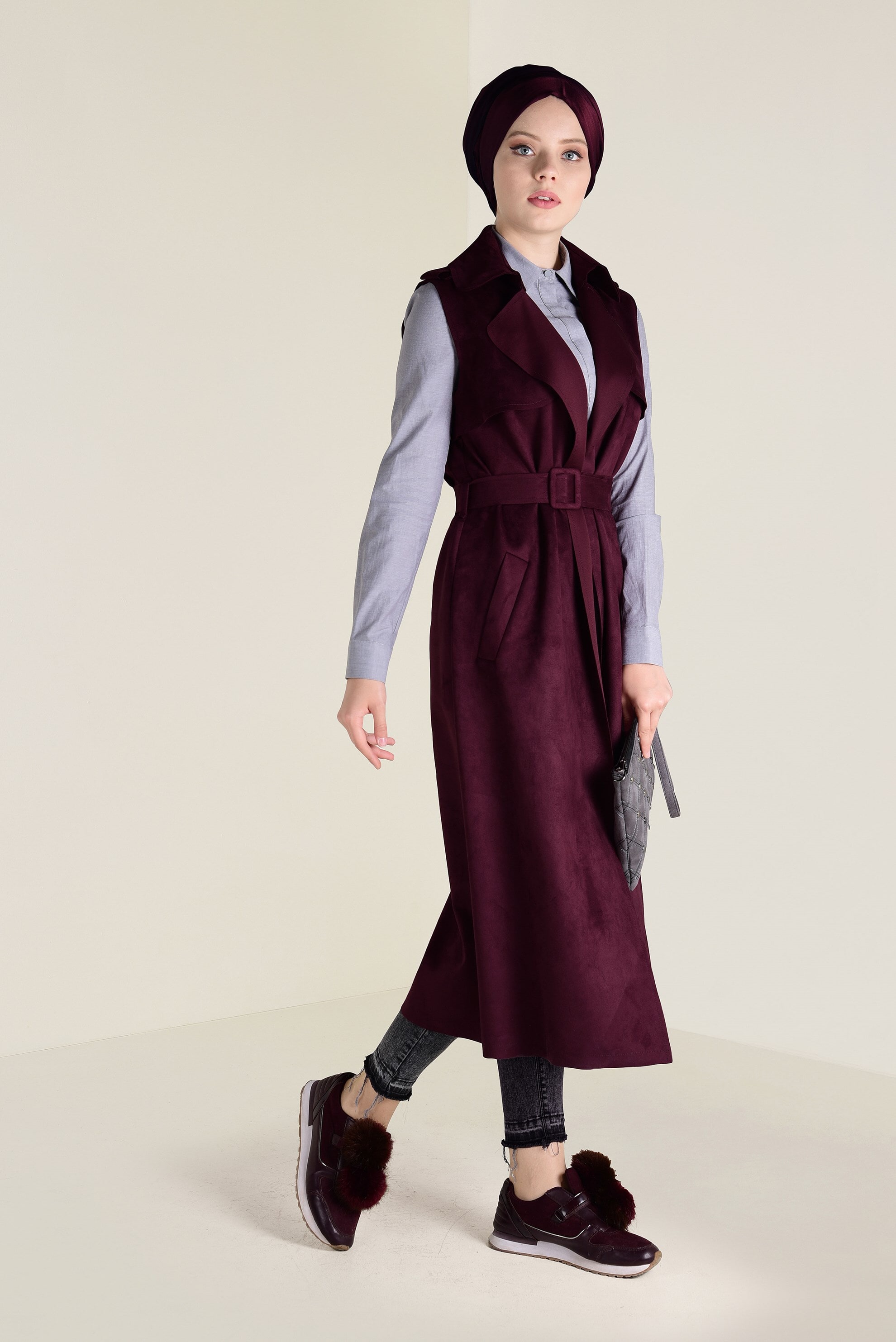 Tesettür giyim MÜRDÜM KEMERLİ SÜET YELEK 4577