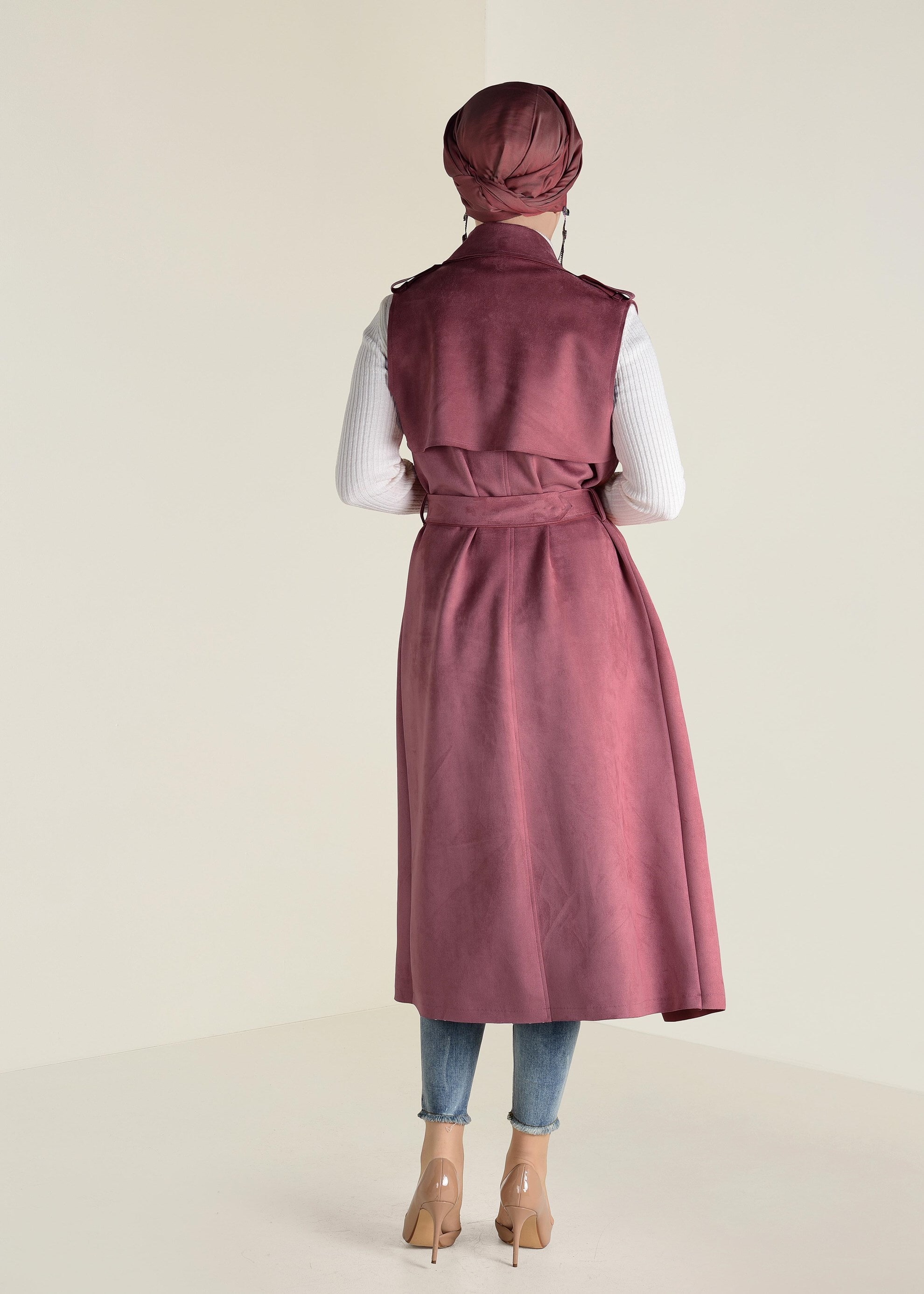 Tesettür giyim PUDRA KEMERLİ SÜET YELEK 4577