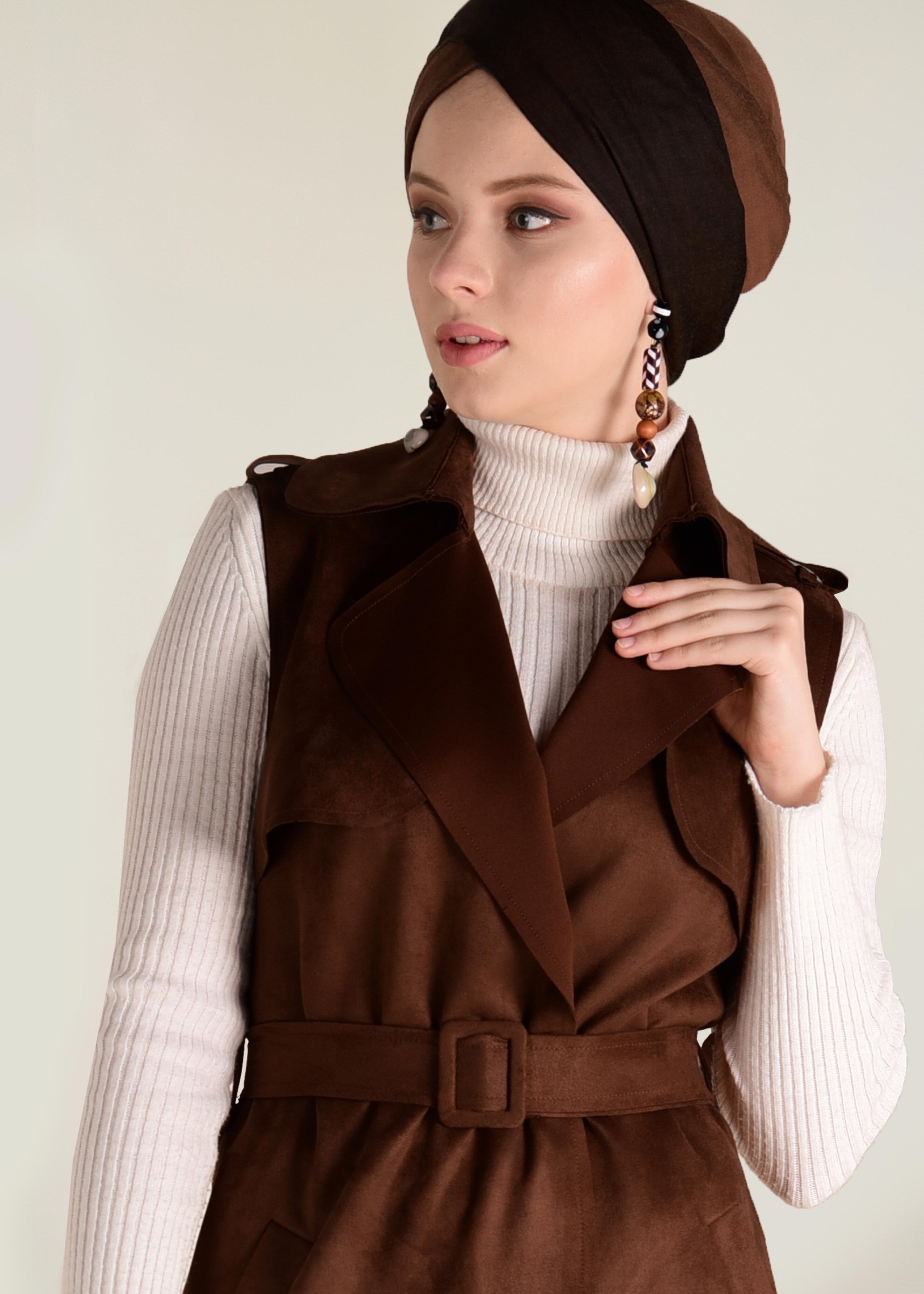 Tesettür giyim KAHVE KEMERLİ SÜET YELEK 4577