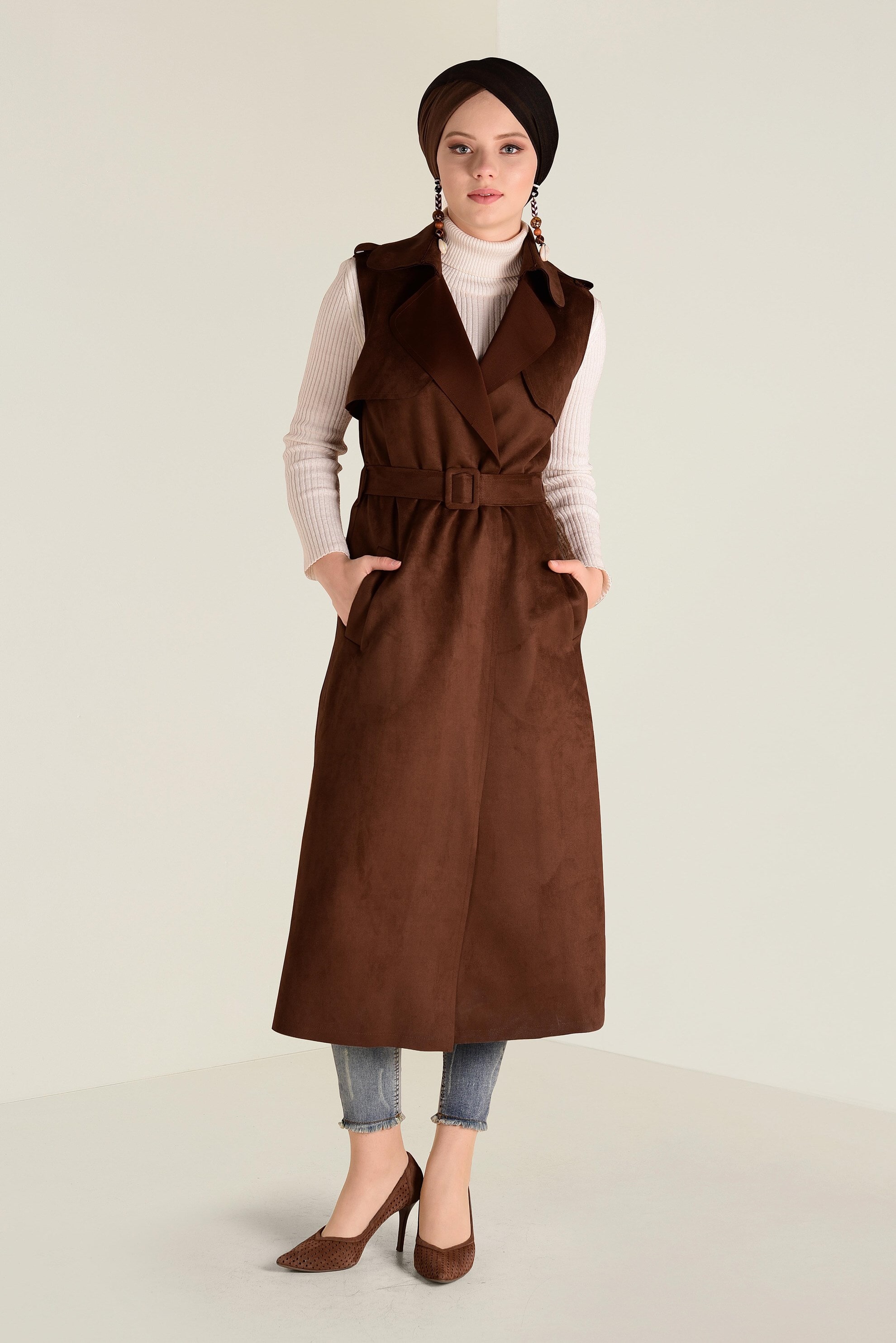 Tesettür giyim KAHVE KEMERLİ SÜET YELEK 4577