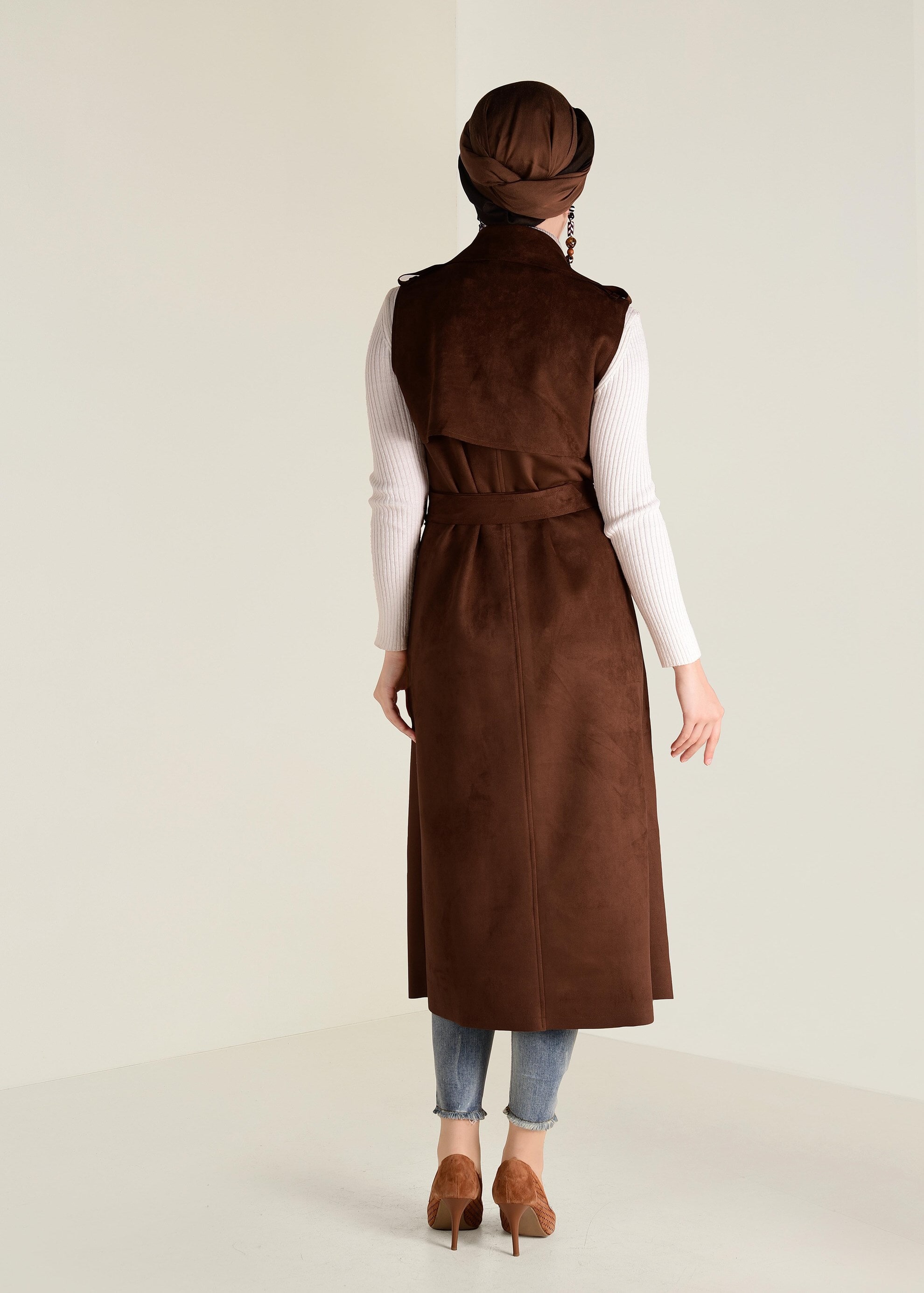 Tesettür giyim KAHVE KEMERLİ SÜET YELEK 4577