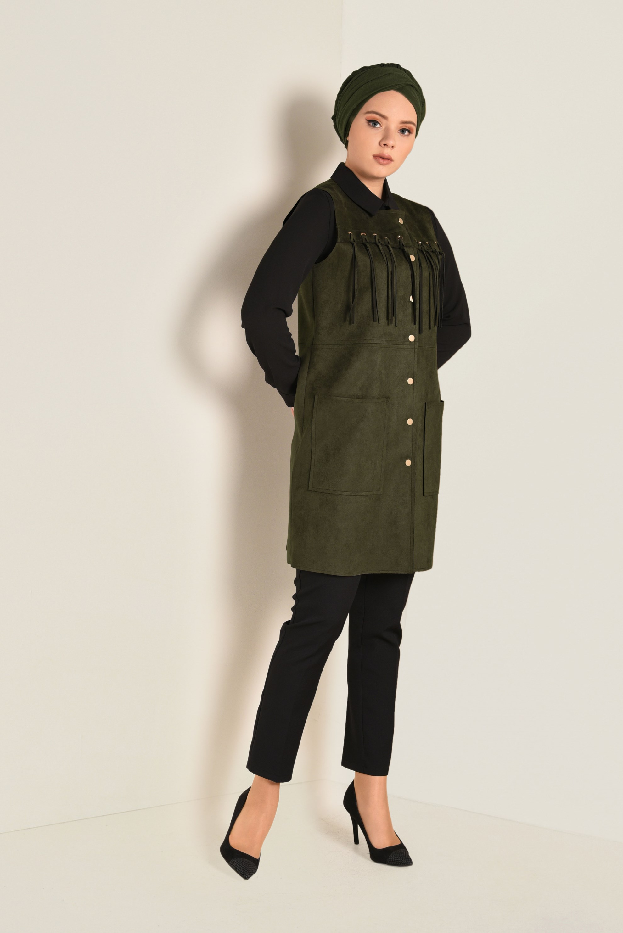 Tesettür giyim HAKİ PÜSKÜLLÜ SÜET YELEK 4580