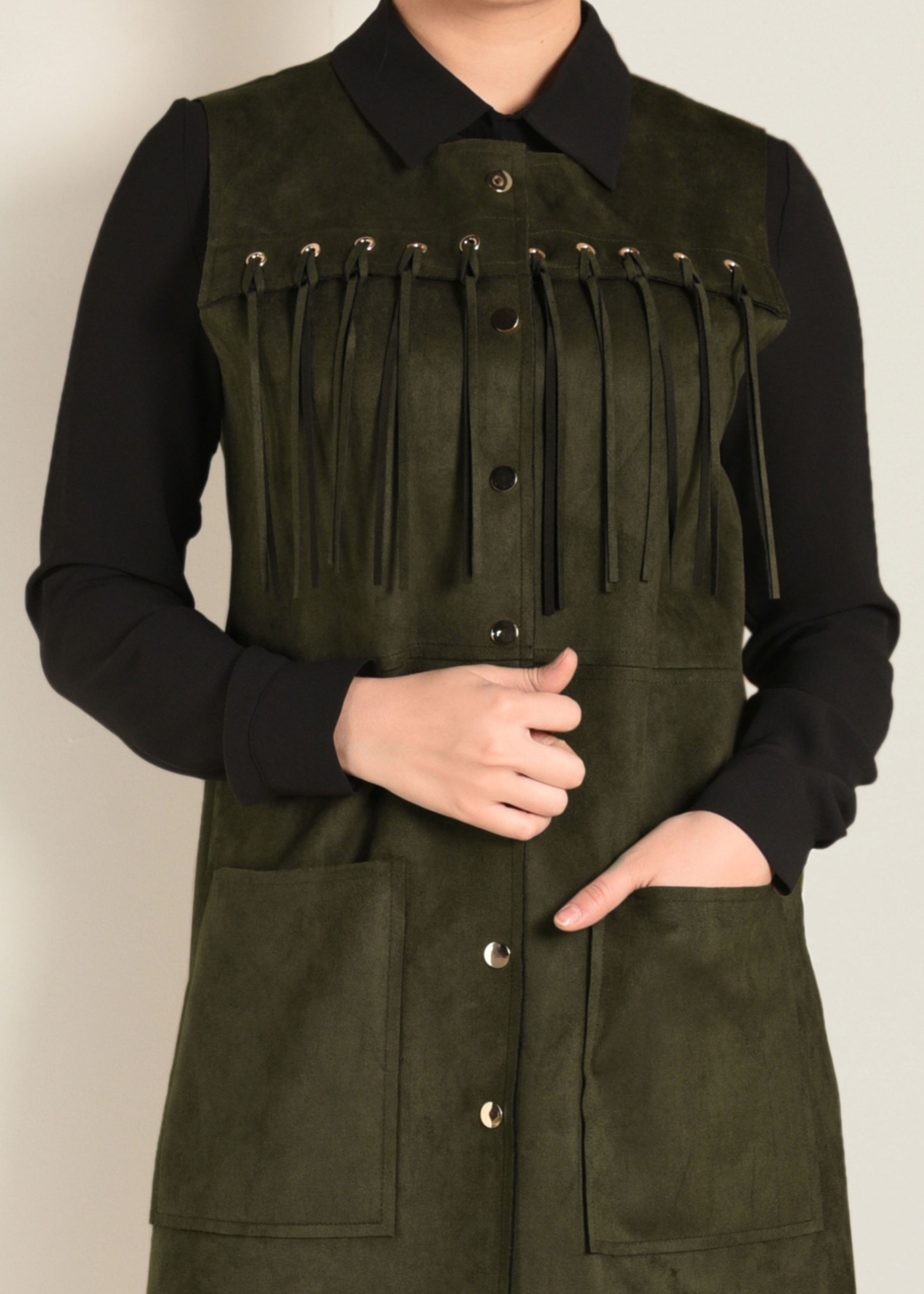 Tesettür giyim HAKİ PÜSKÜLLÜ SÜET YELEK 4580