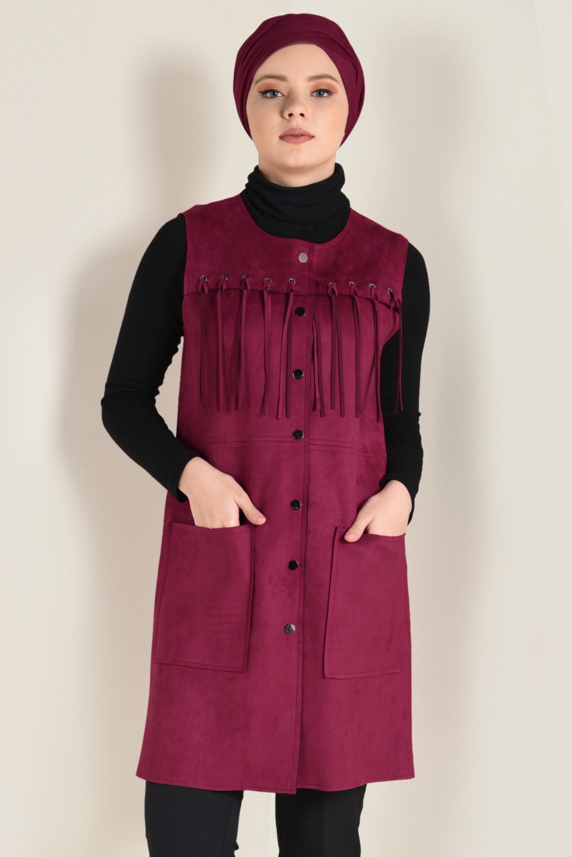 Tesettür giyim BORDO PÜSKÜLLÜ SÜET YELEK 4580
