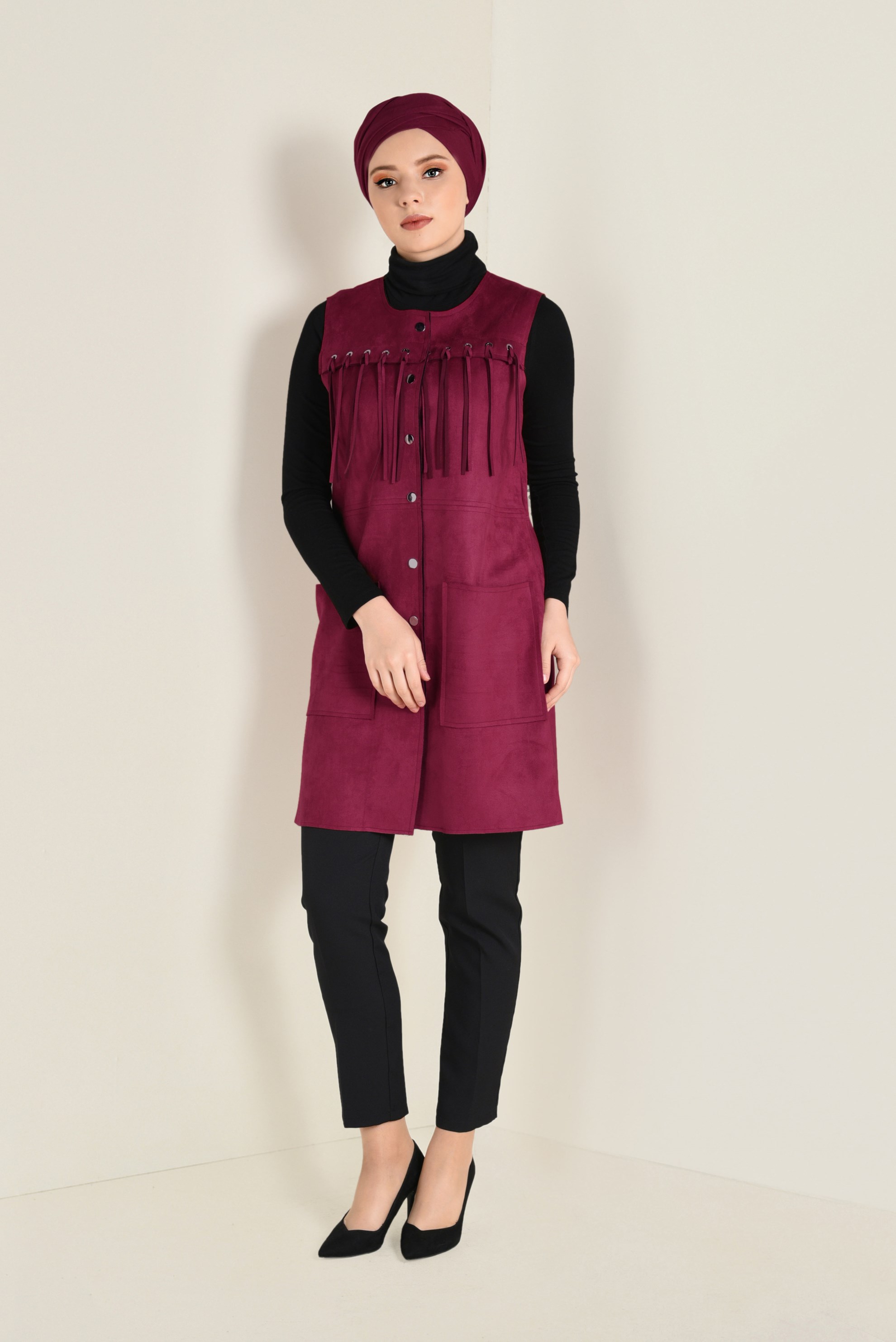 Tesettür giyim BORDO PÜSKÜLLÜ SÜET YELEK 4580