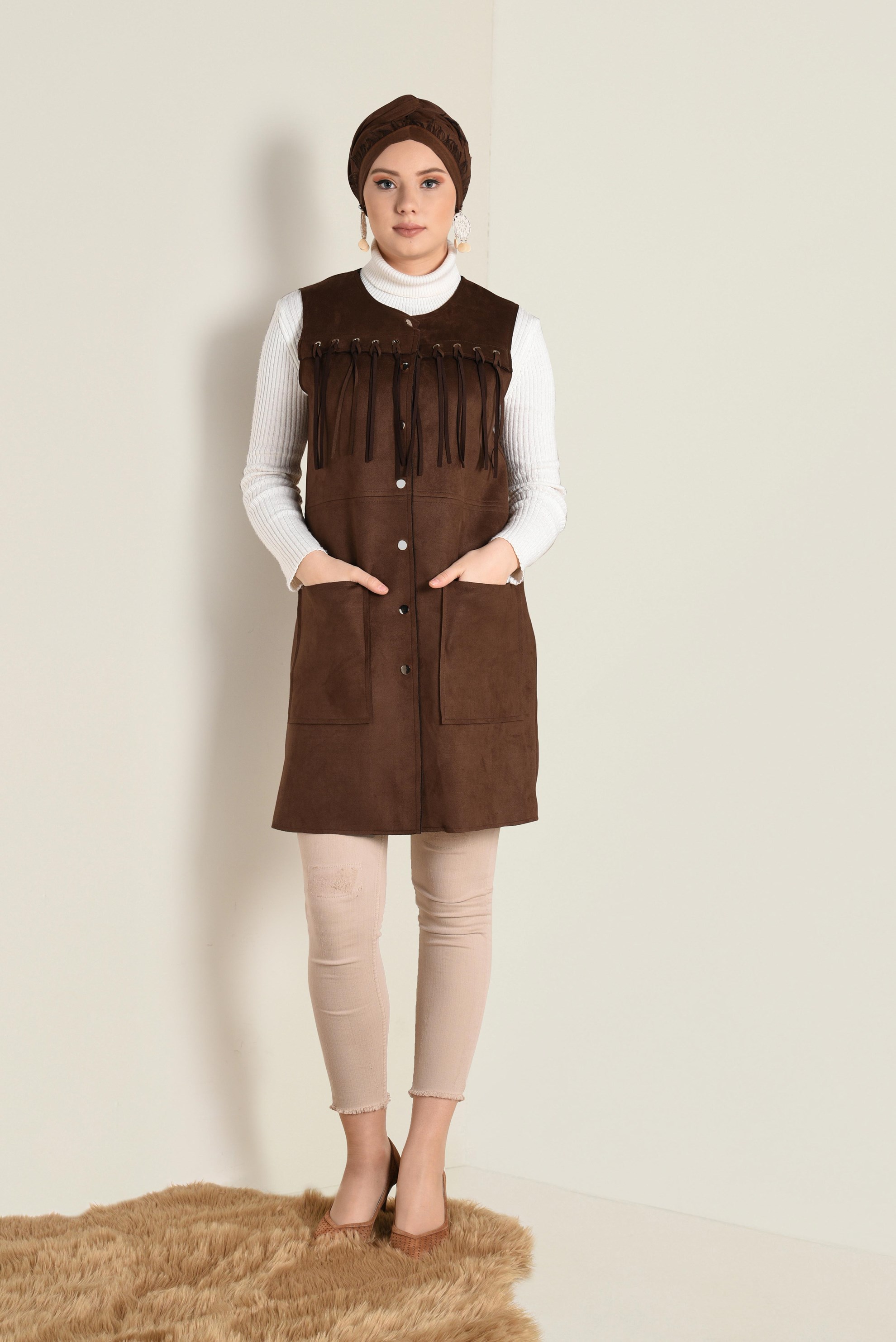 Tesettür giyim KAHVE PÜSKÜLLÜ SÜET YELEK 4580