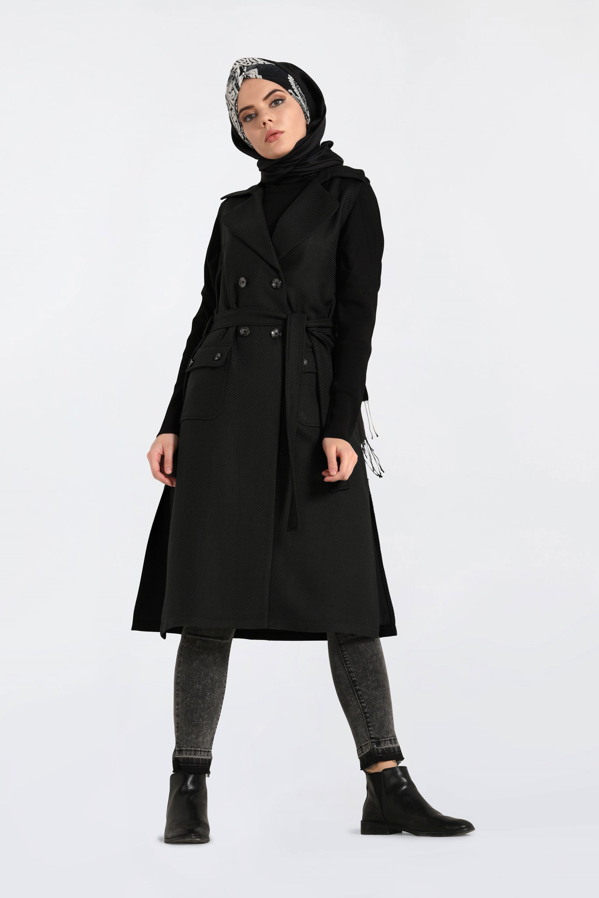 Tesettür giyim SİYAH YANLARI YIRTMAÇLI KRUVAZE YELEK 4638 