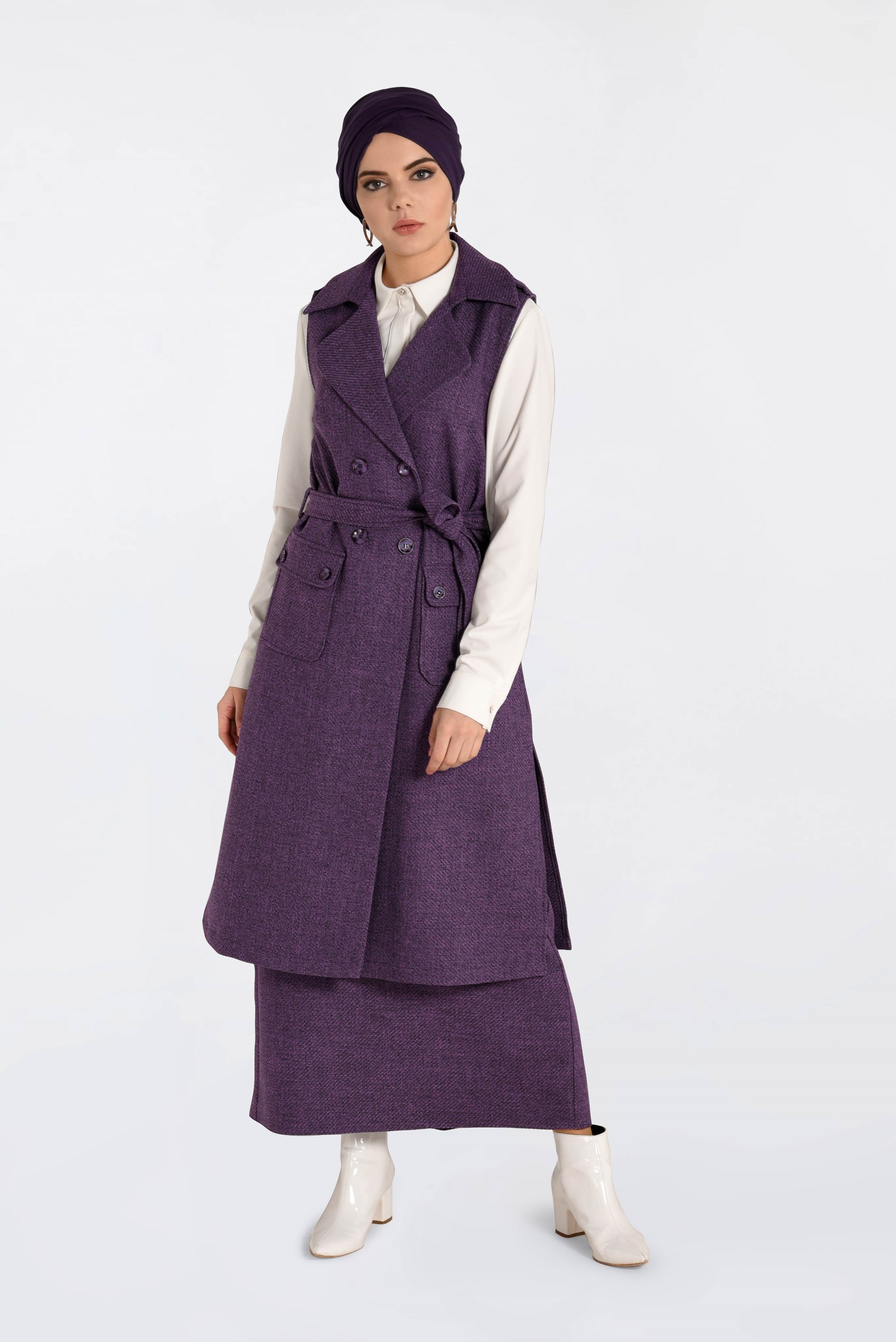 Tesettür giyim MOR YANLARI YIRTMAÇLI KRUVAZE YELEK 4638 