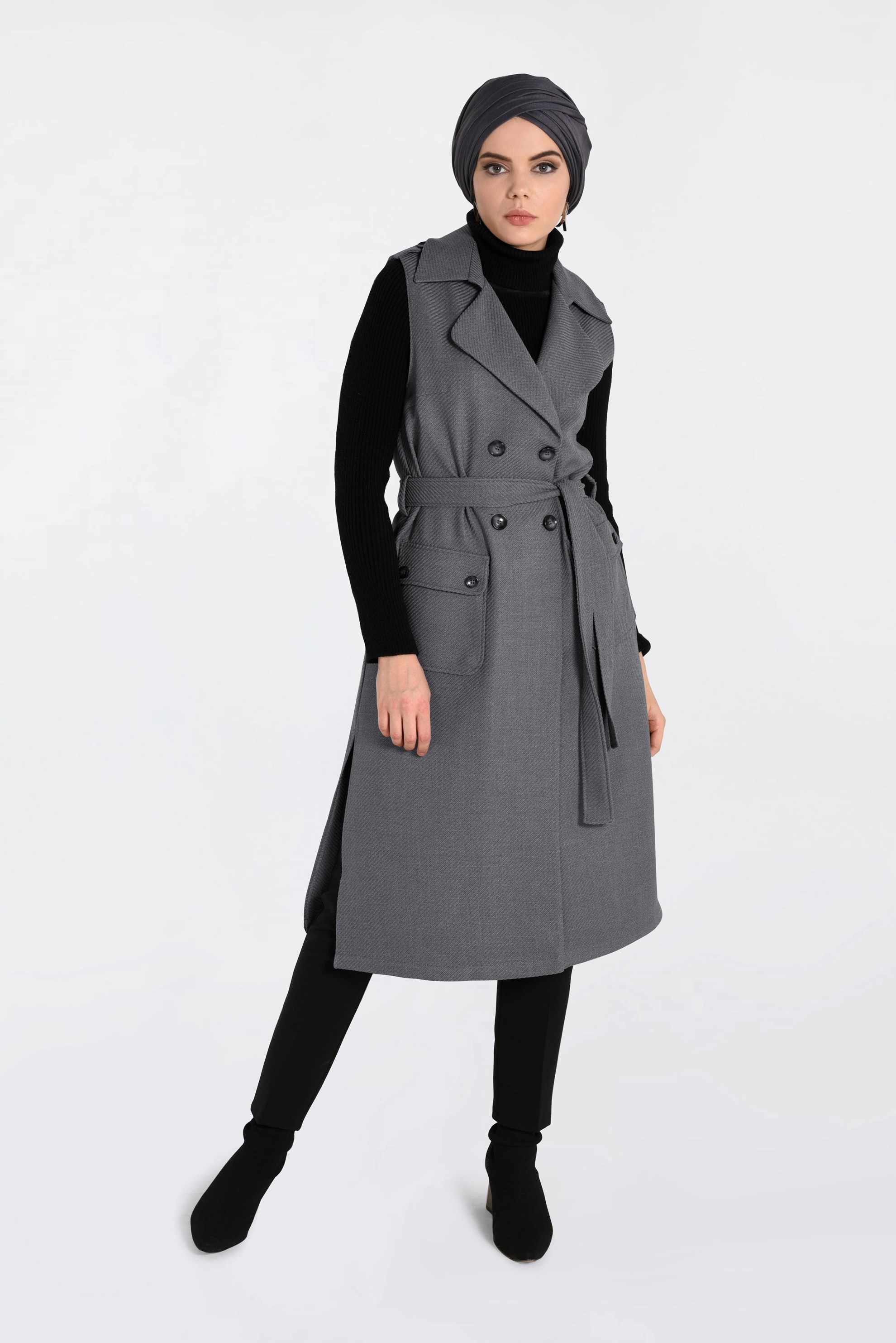 Tesettür giyim GRİ YANLARI YIRTMAÇLI KRUVAZE YELEK 4638 