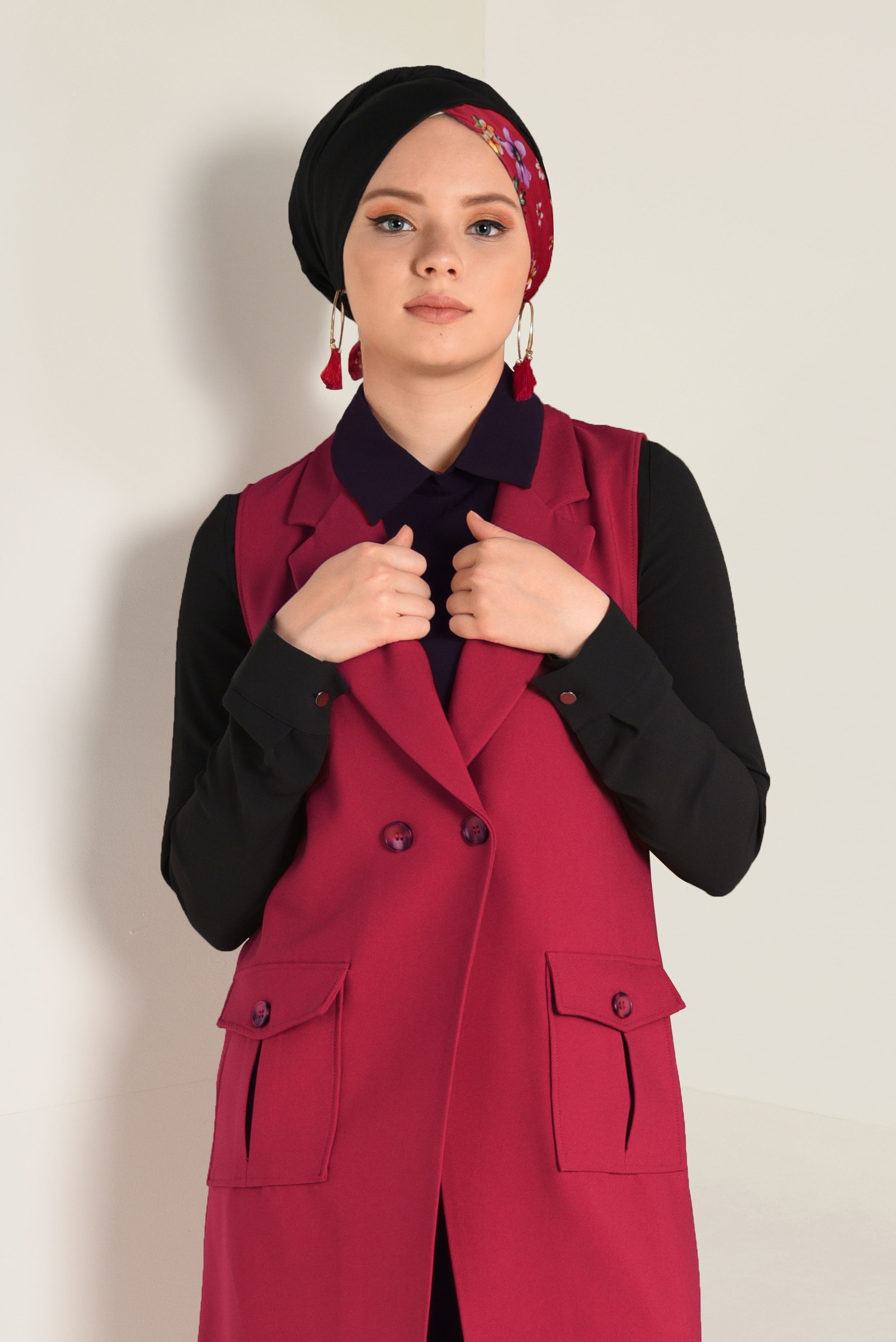 Tesettür giyim KIRMIZI CEPLİ KRUVAZE YELEK 4643