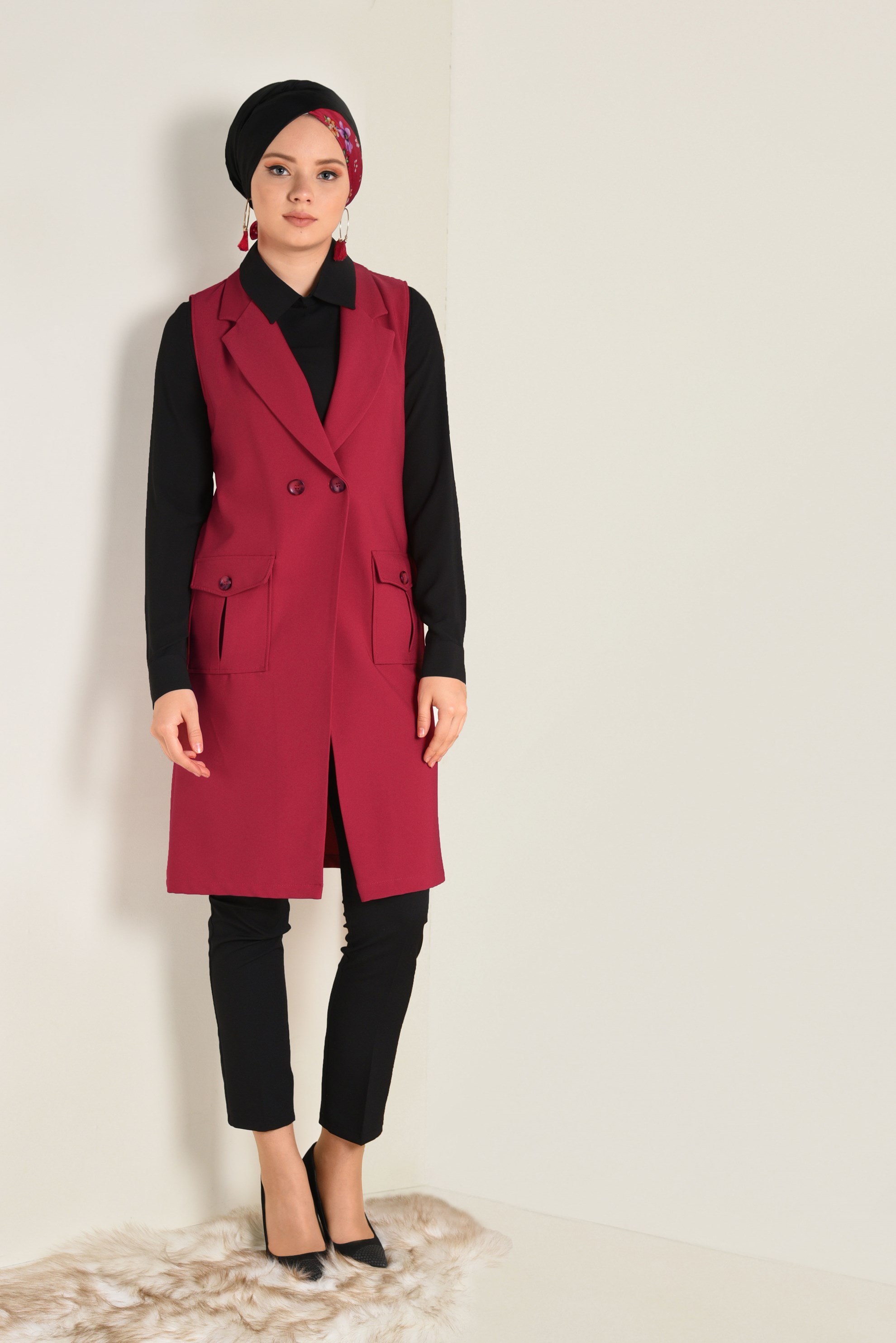 Tesettür giyim KIRMIZI CEPLİ KRUVAZE YELEK 4643