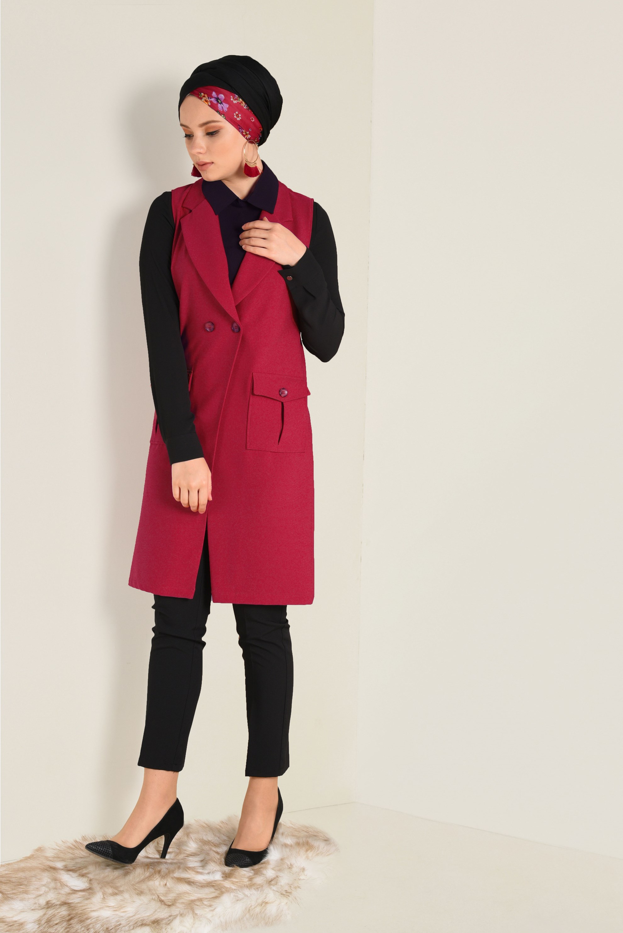 Tesettür giyim KIRMIZI CEPLİ KRUVAZE YELEK 4643