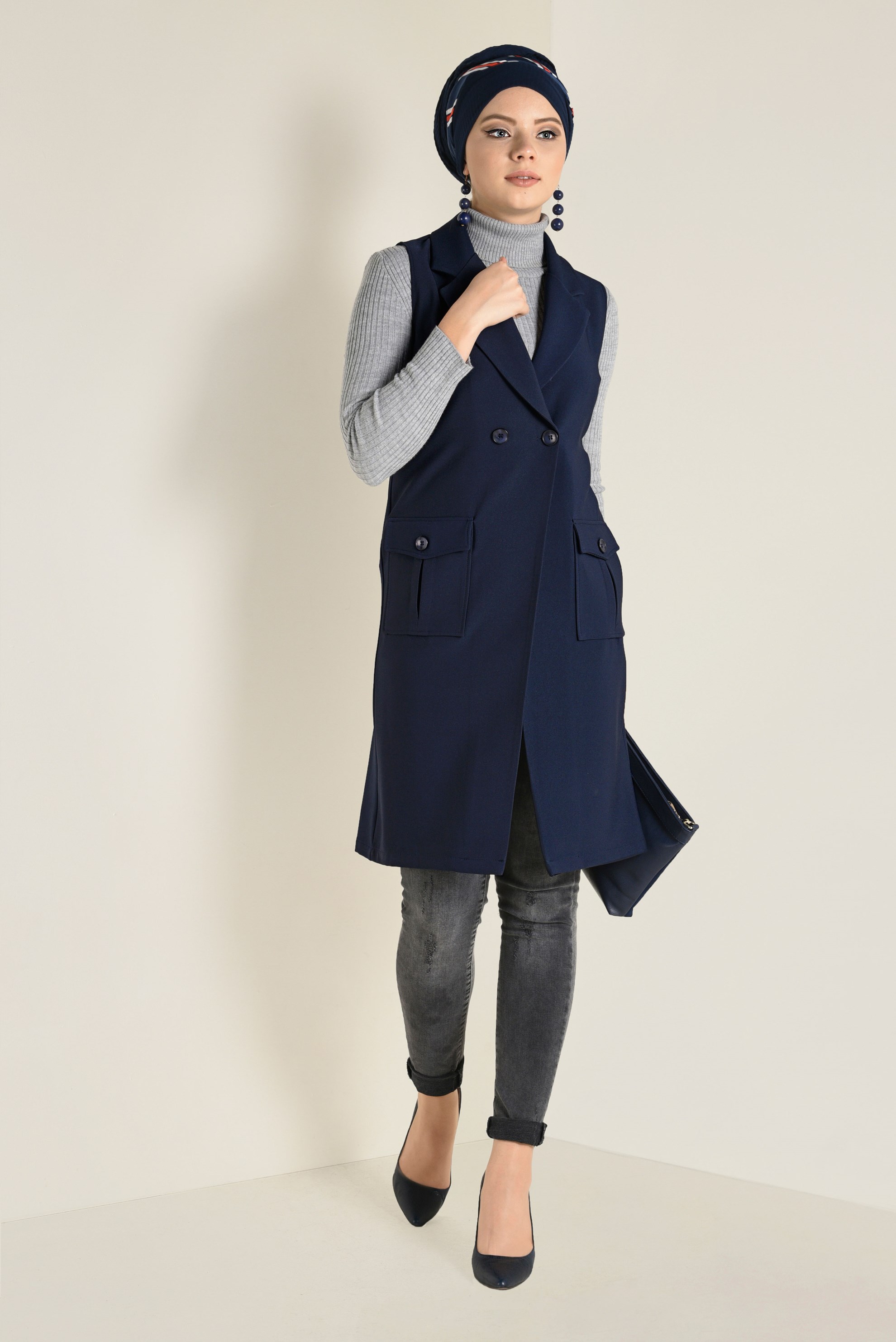 Tesettür giyim LACİVERT CEPLİ KRUVAZE YELEK 4643