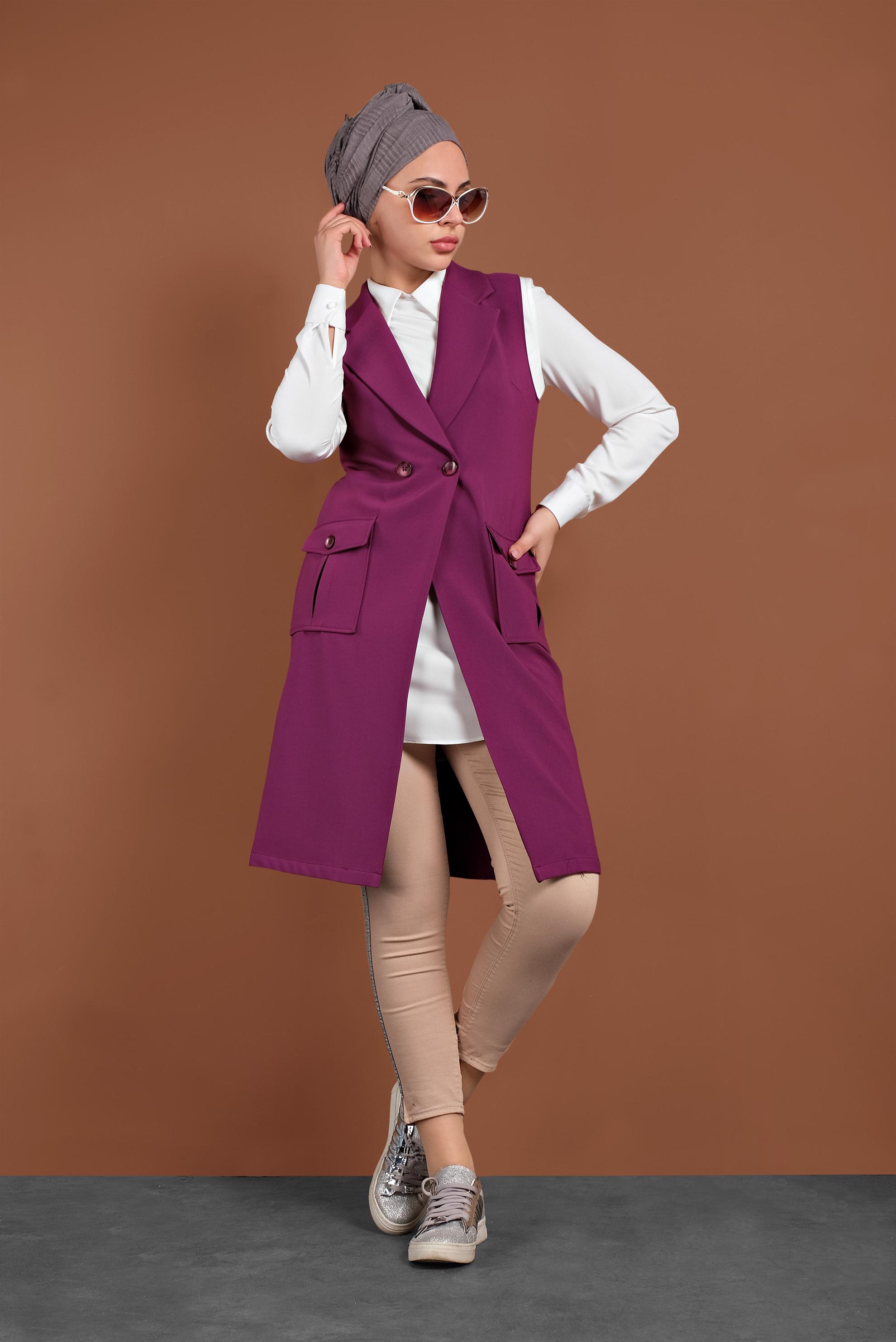 Tesettür giyim MOR CEPLİ KRUVAZE YELEK 4643