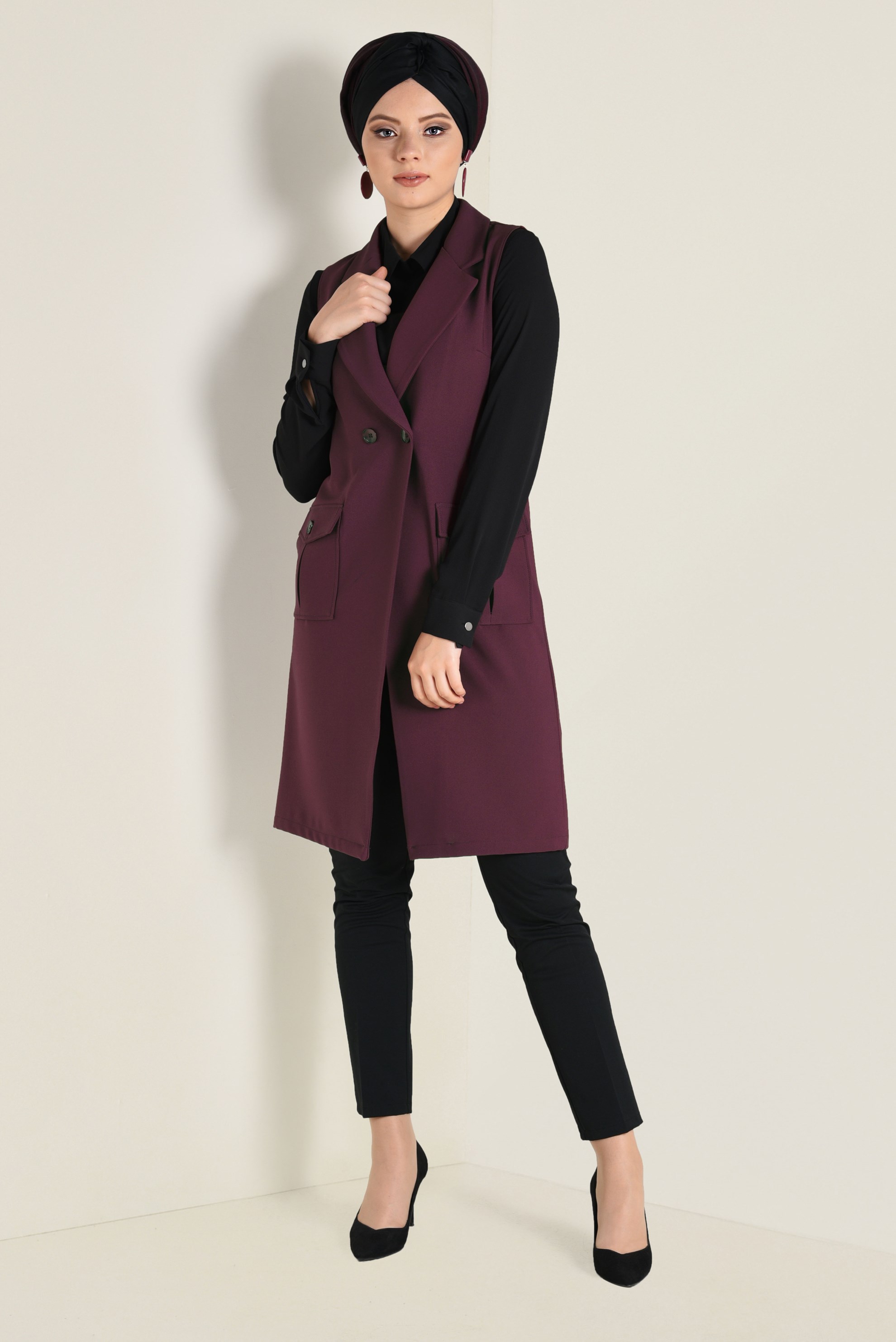 Tesettür giyim BORDO CEPLİ KRUVAZE YELEK 4643