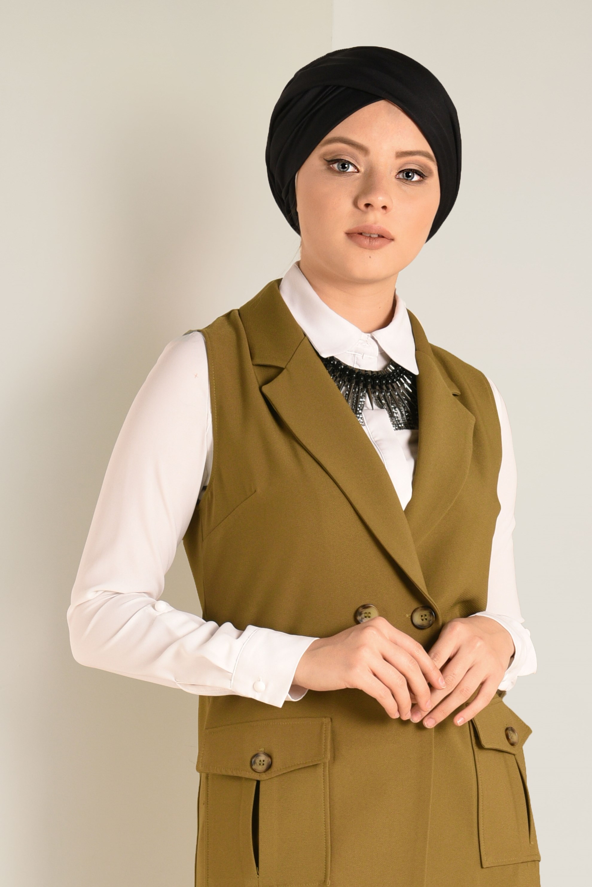 Tesettür giyim YEŞİL CEPLİ KRUVAZE YELEK 4643
