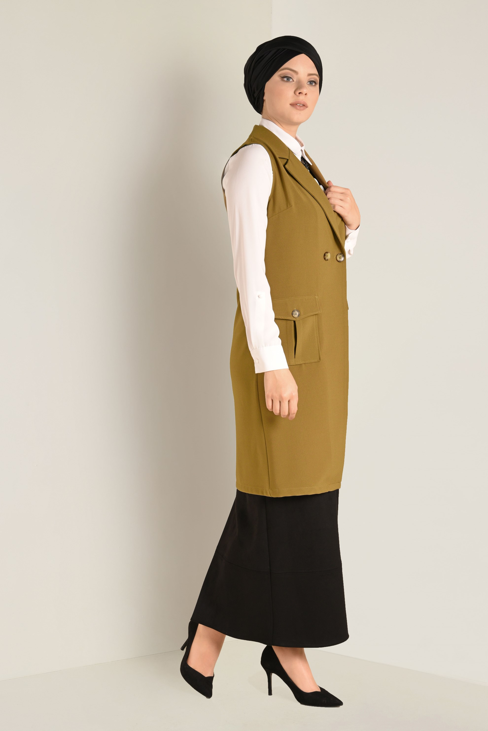 Tesettür giyim YEŞİL CEPLİ KRUVAZE YELEK 4643