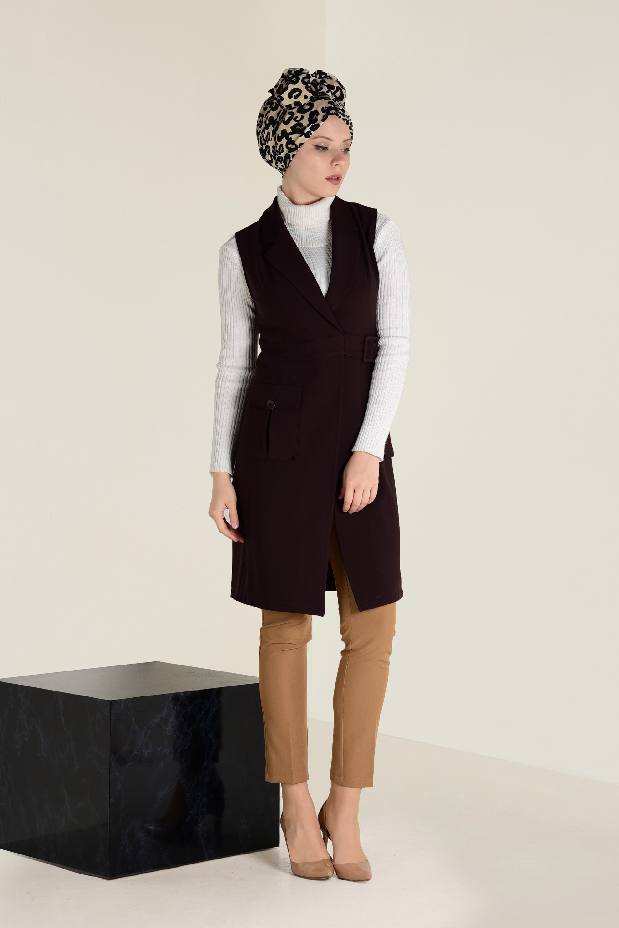 Tesettür giyim KAHVE KEMERLİ KLASİK YELEK 4659