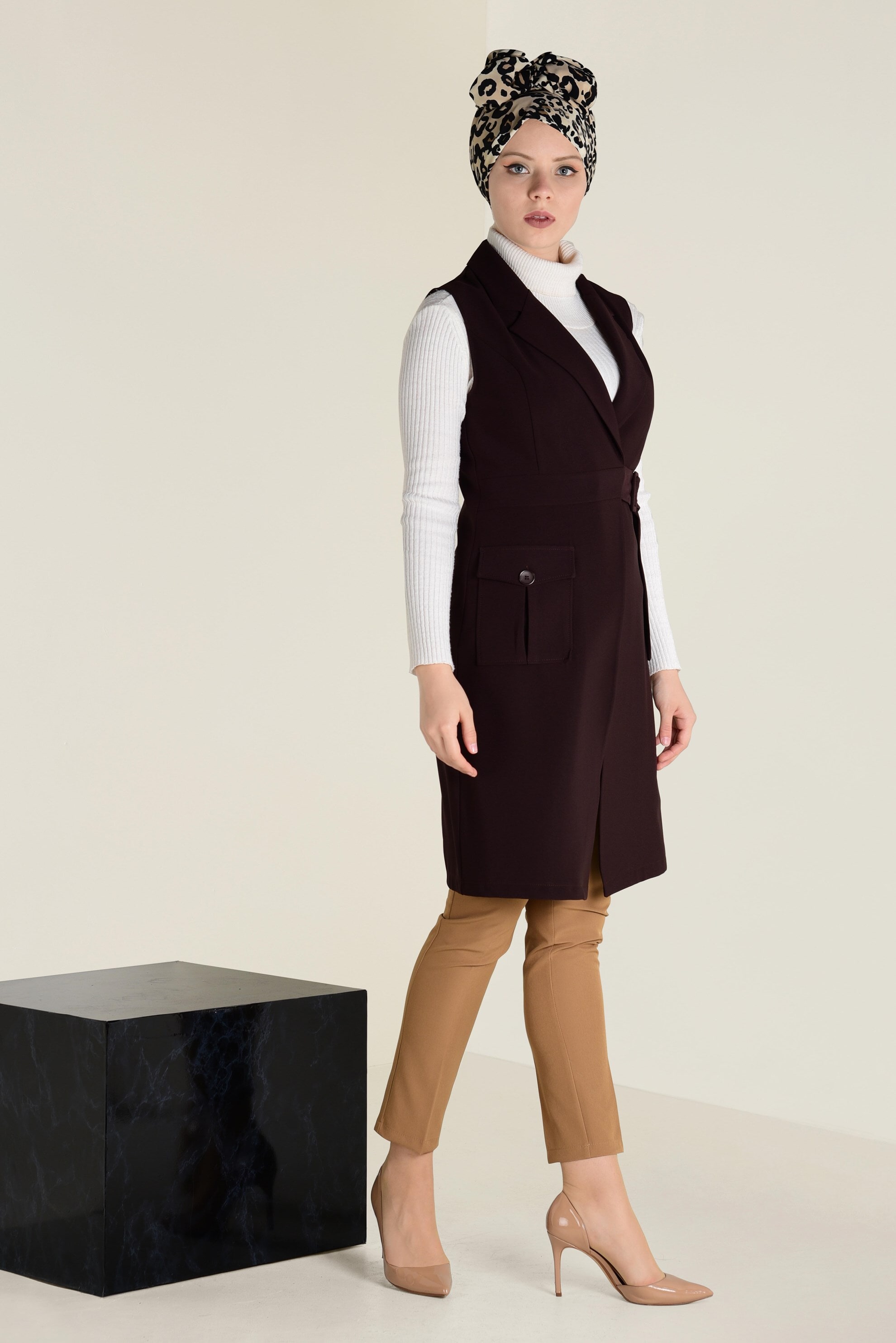 Tesettür giyim KAHVE KEMERLİ KLASİK YELEK 4659