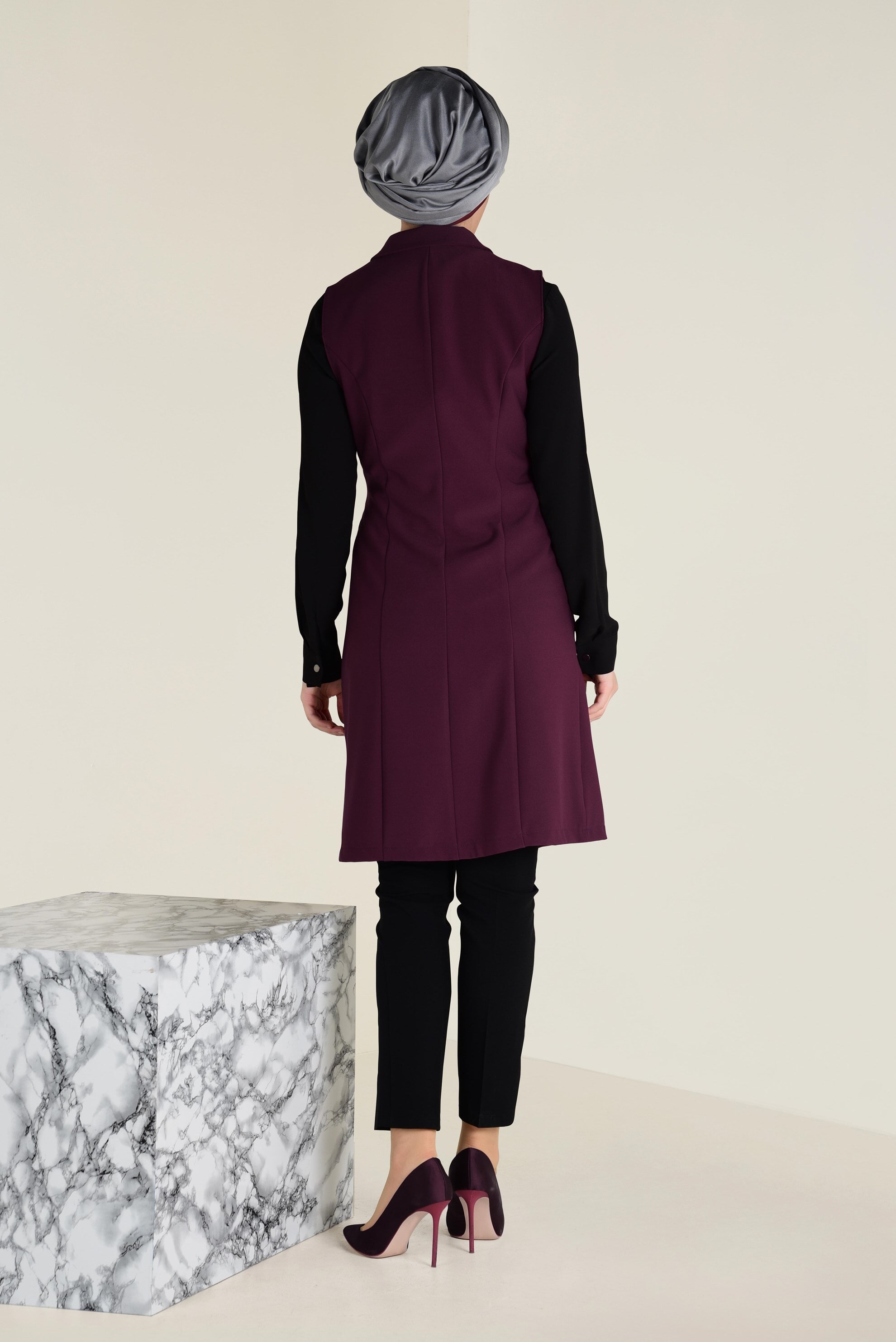 Tesettür giyim BORDO KEMERLİ KLASİK YELEK 4659