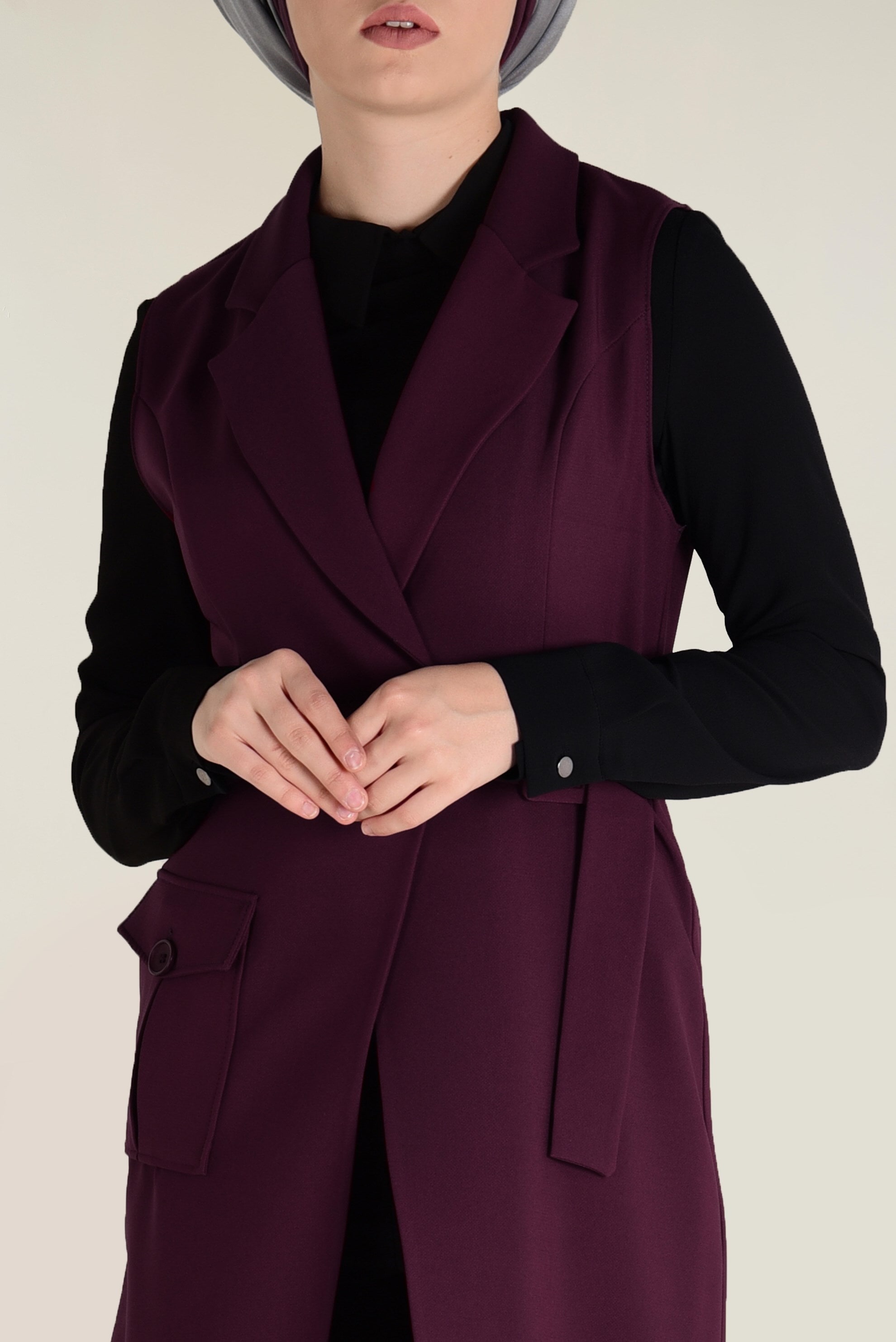 Tesettür giyim BORDO KEMERLİ KLASİK YELEK 4659