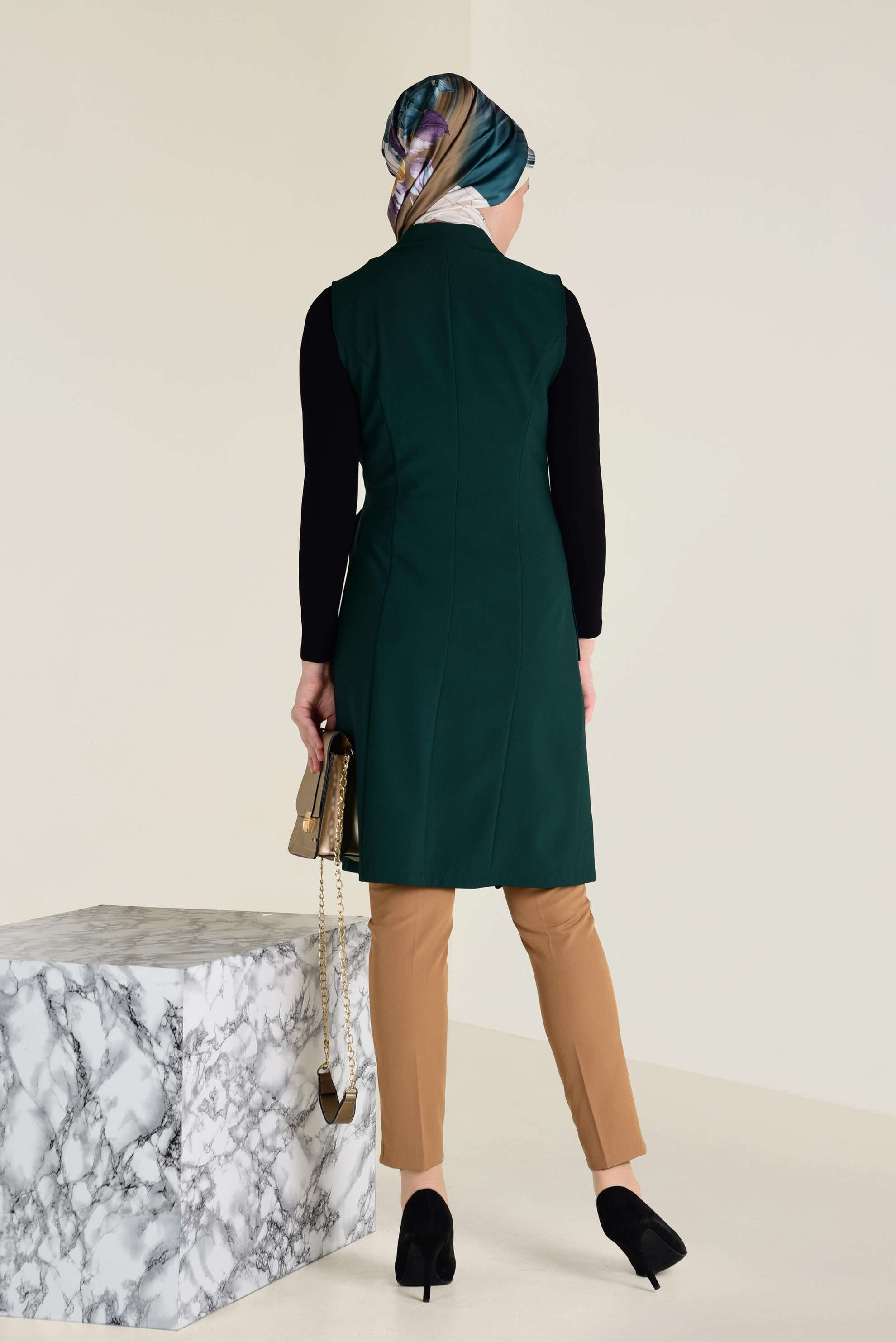 Tesettür giyim YEŞİL KEMERLİ KLASİK YELEK 4659