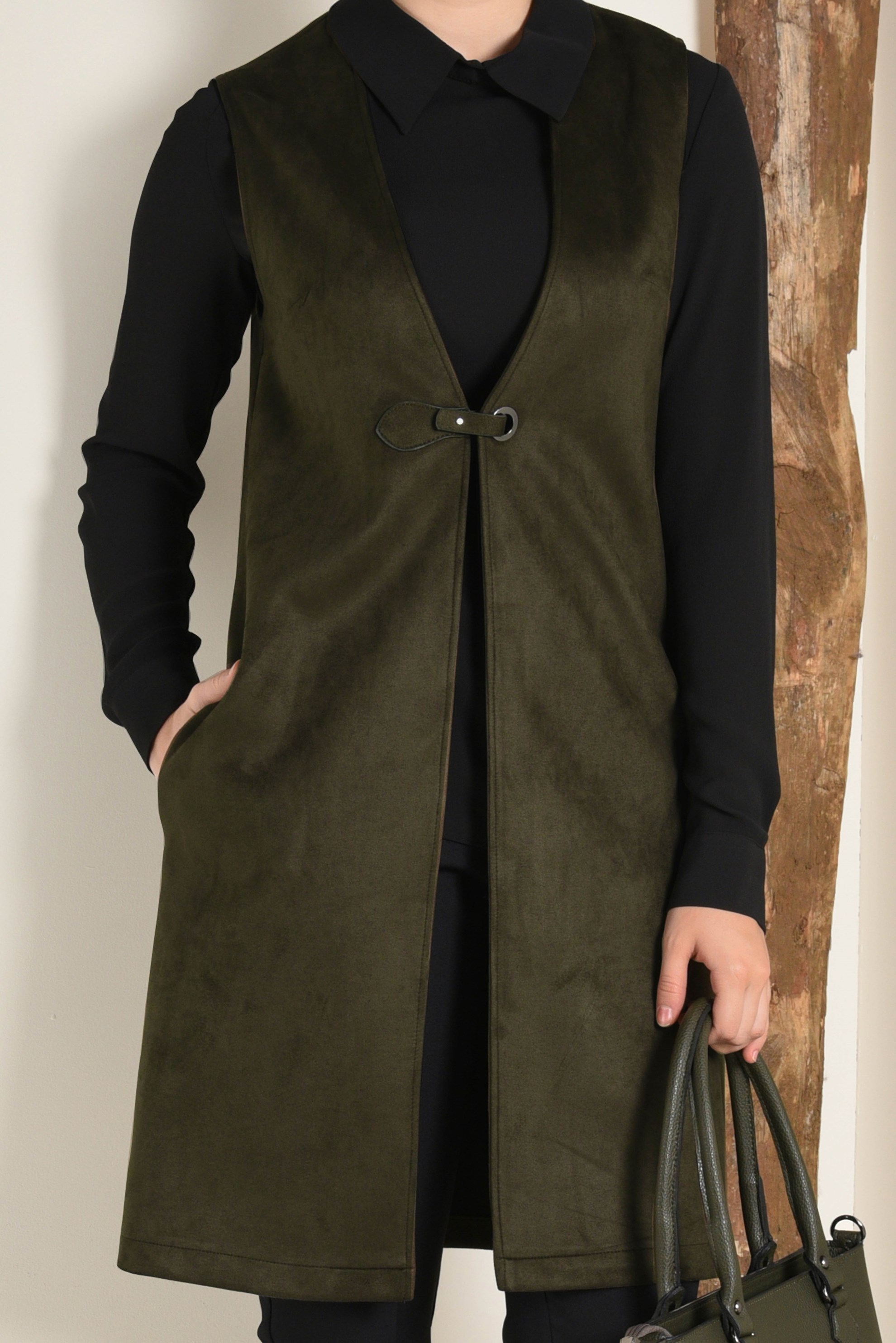 Tesettür giyim HAKİ KUŞGÖZÜ DETAYLI SÜET YELEK 4692