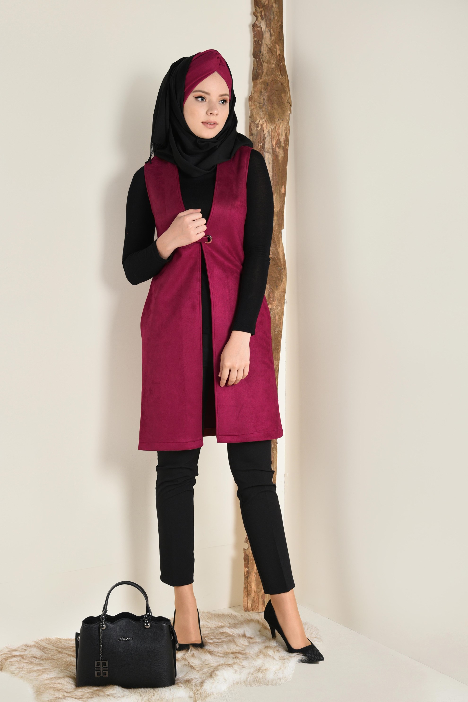 Tesettür giyim BORDO KUŞGÖZÜ DETAYLI SÜET YELEK 4692