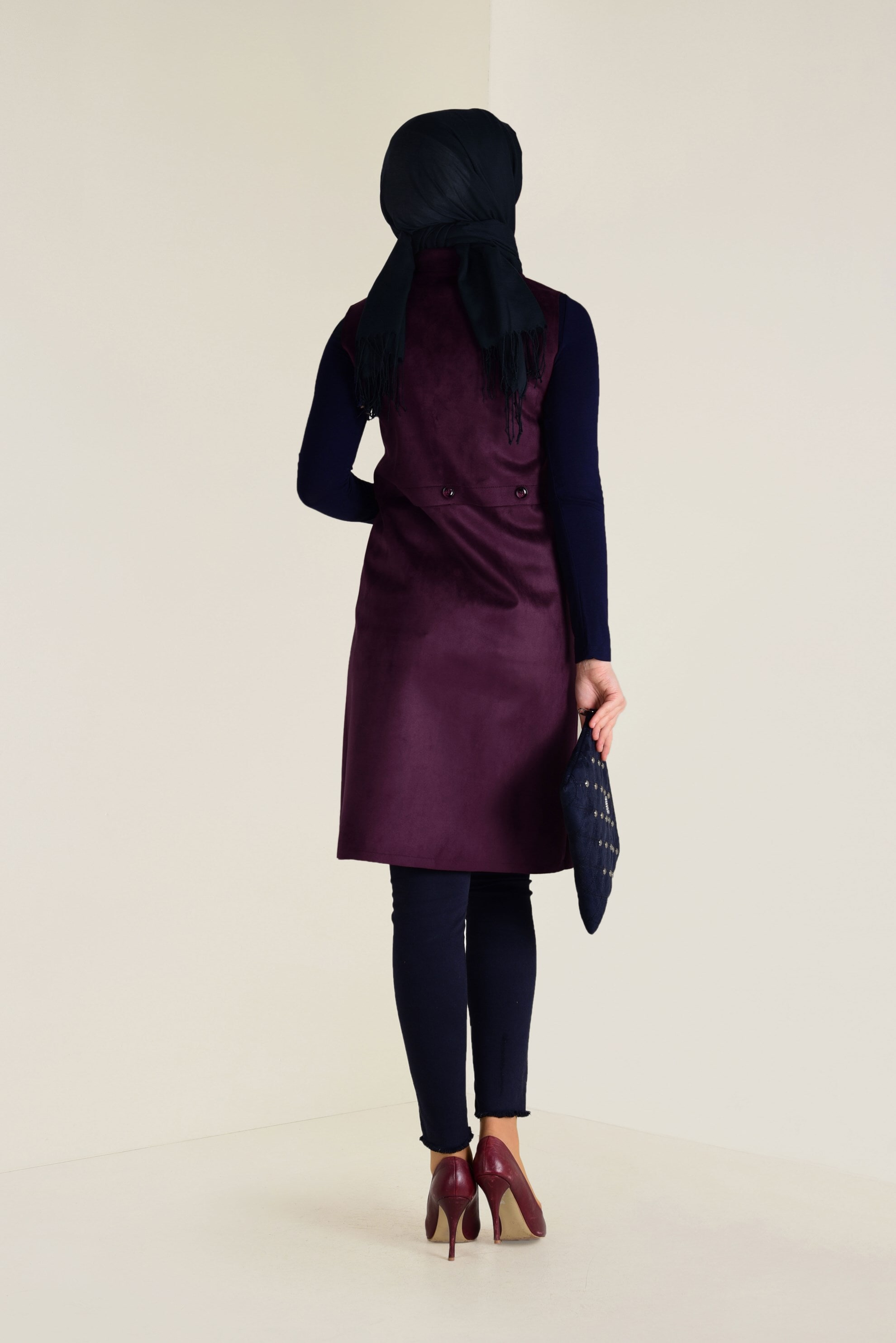 Tesettür giyim MÜRDÜM KRUVAZE SÜET YELEK 4693