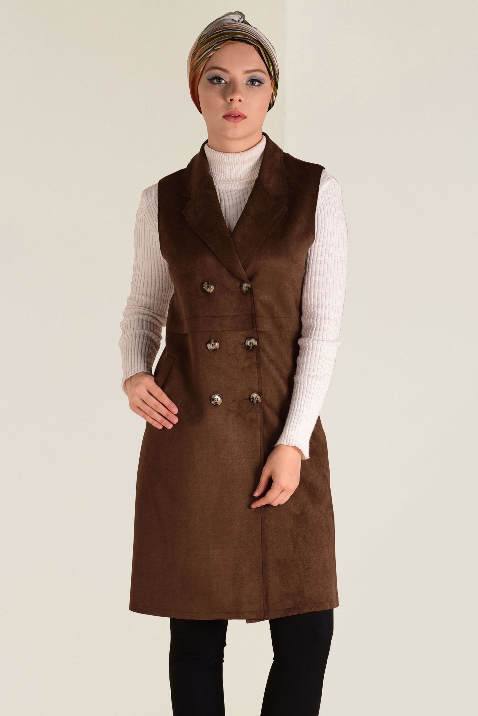 Tesettür giyim KAHVE KRUVAZE SÜET YELEK 4693