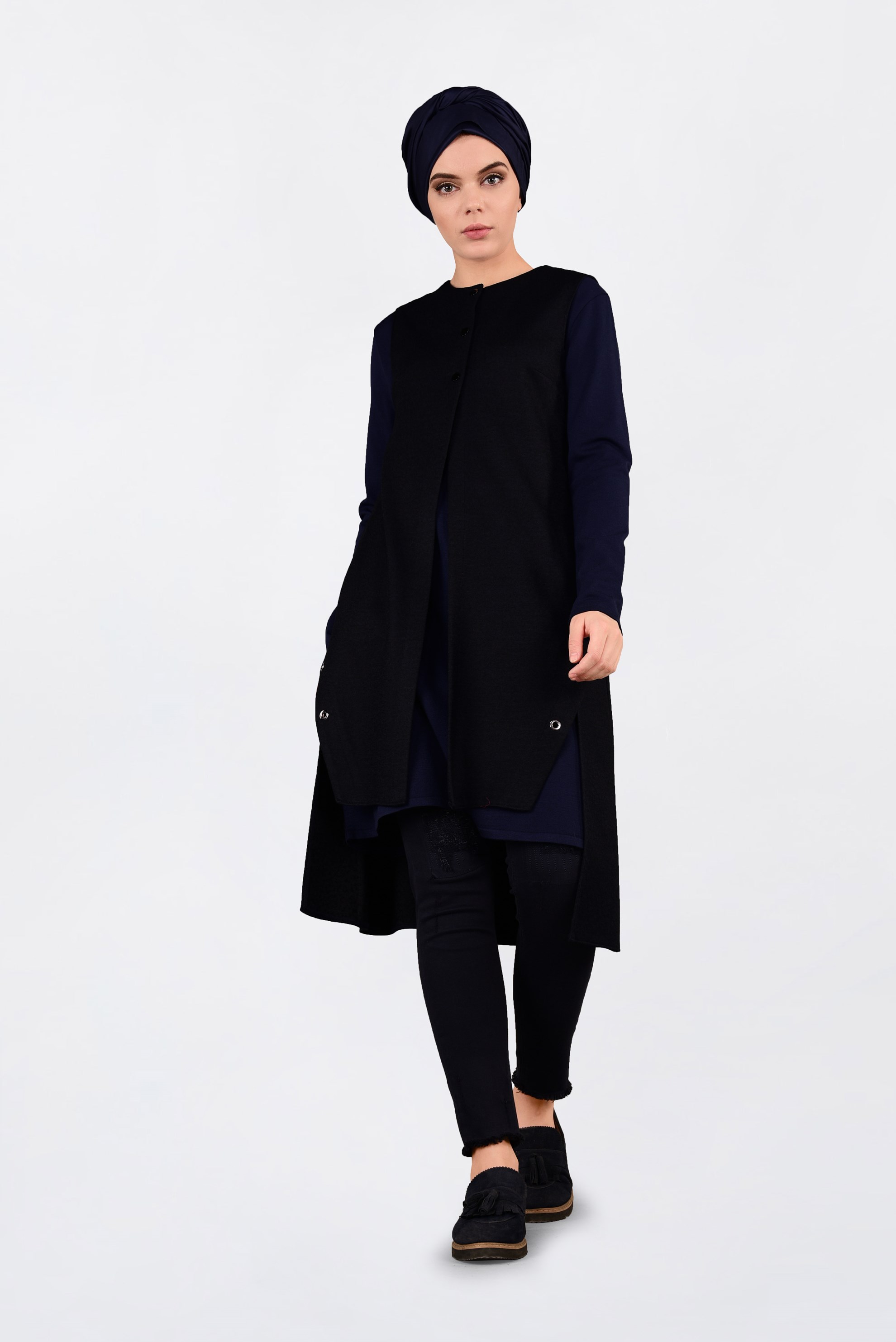 Hijab clothing NAVY BLUE SNAP GROMMET DETAILED VEST 4740