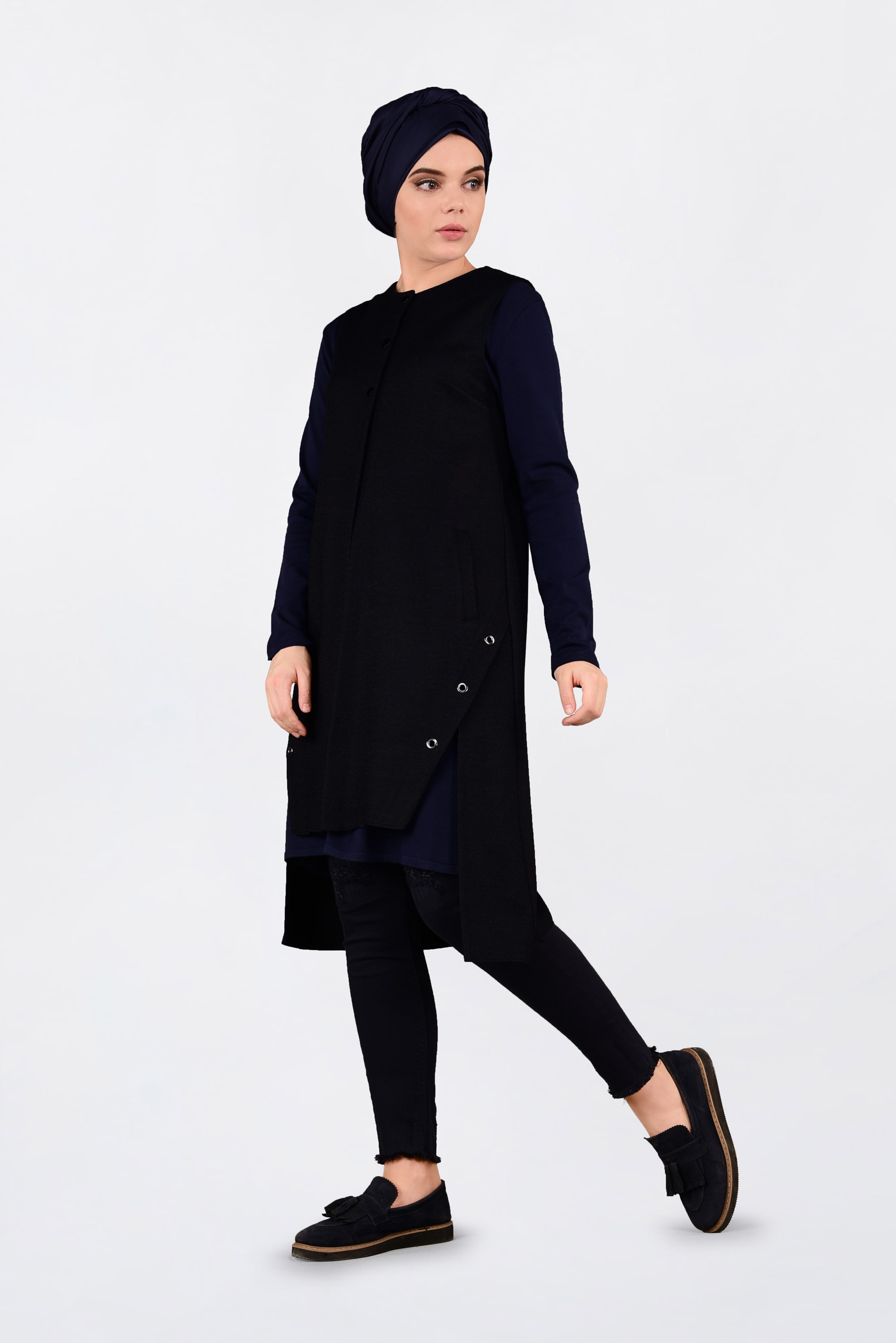 Hijab clothing NAVY BLUE SNAP GROMMET DETAILED VEST 4740
