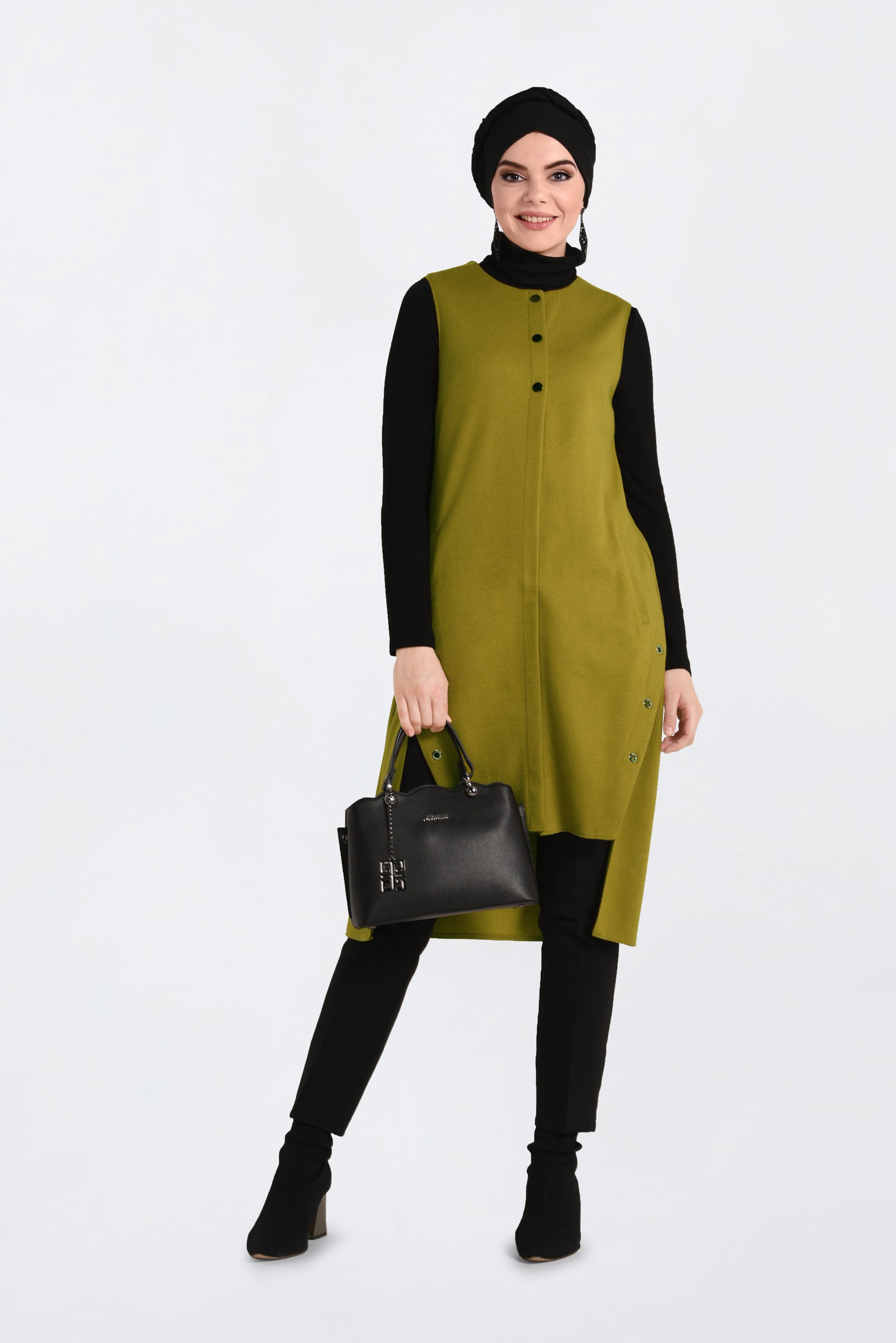 Tesettür giyim YEŞİL ÇITÇITLI KUŞ GÖZÜ DETAYLI YELEK 4740