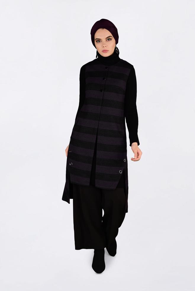 Tesettür giyim MOR KUŞGÖZÜ DETAYLI YATAY ŞERİTLİ YELEK 4749 - ALVİNA