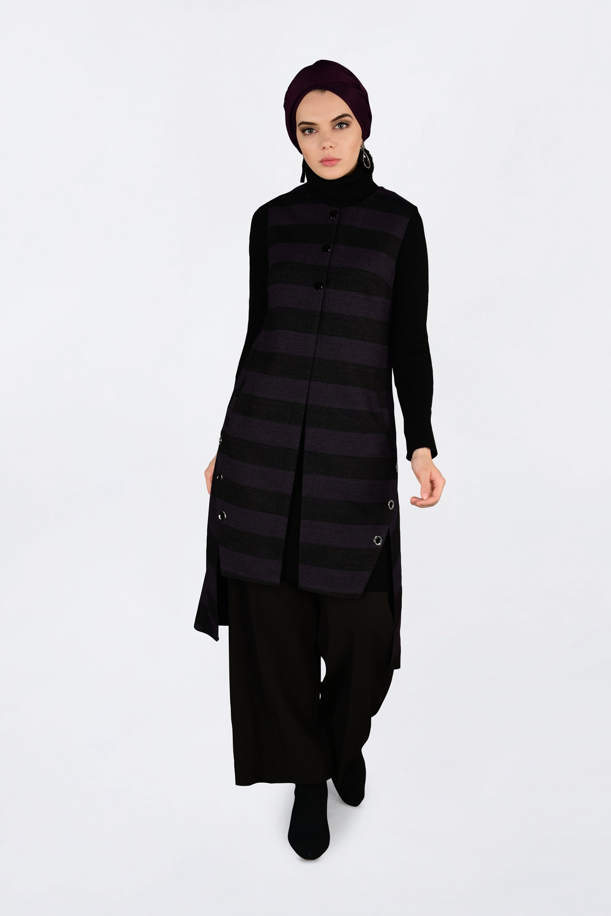 Tesettür giyim MOR KUŞGÖZÜ DETAYLI YATAY ŞERİTLİ YELEK 4749