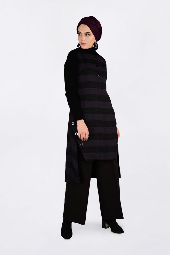 Tesettür giyim MOR KUŞGÖZÜ DETAYLI YATAY ŞERİTLİ YELEK 4749 - ALVİNA