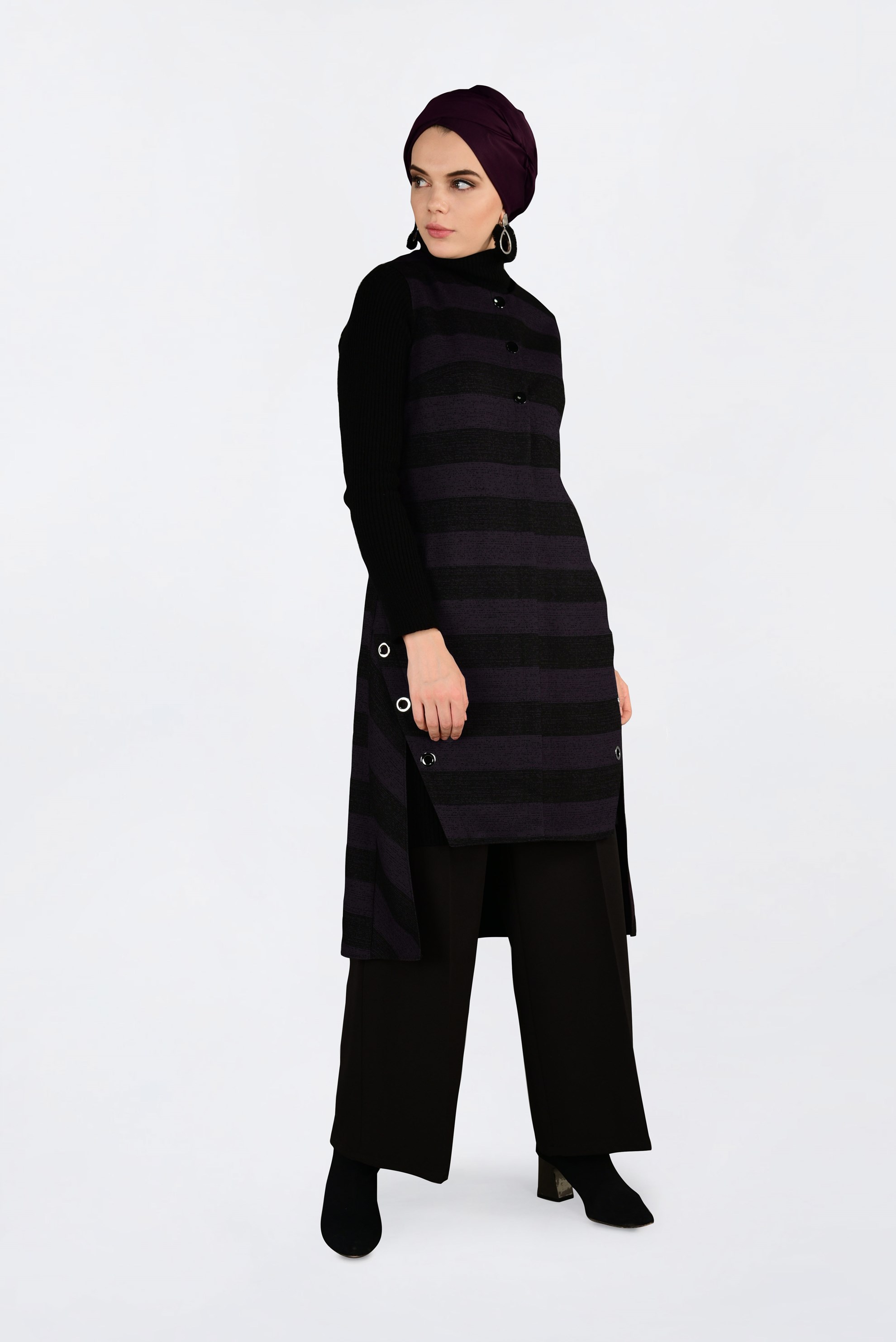 Tesettür giyim MOR KUŞGÖZÜ DETAYLI YATAY ŞERİTLİ YELEK 4749