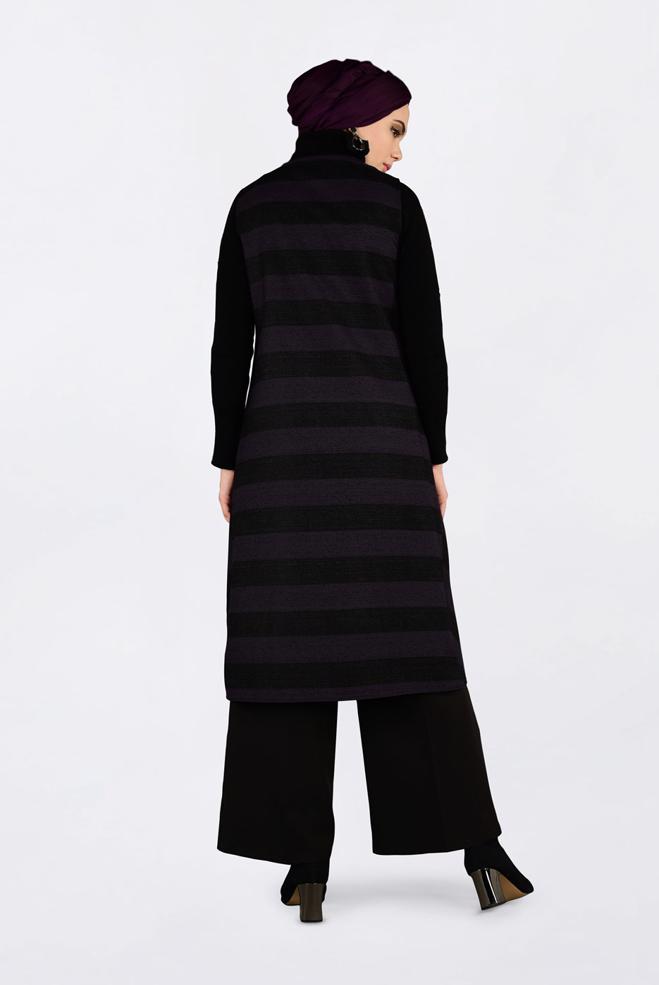 Tesettür giyim MOR KUŞGÖZÜ DETAYLI YATAY ŞERİTLİ YELEK 4749 - ALVİNA